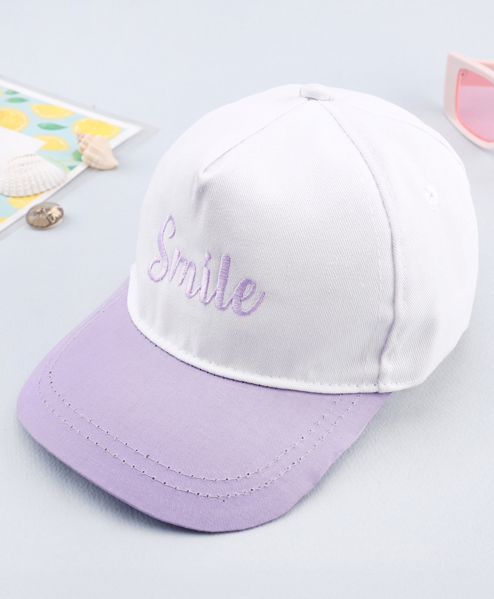 Babyhug Twill Woven Smile Embroidered Baseball Cap White & Purple - Diameter 19.5 cm-image-16