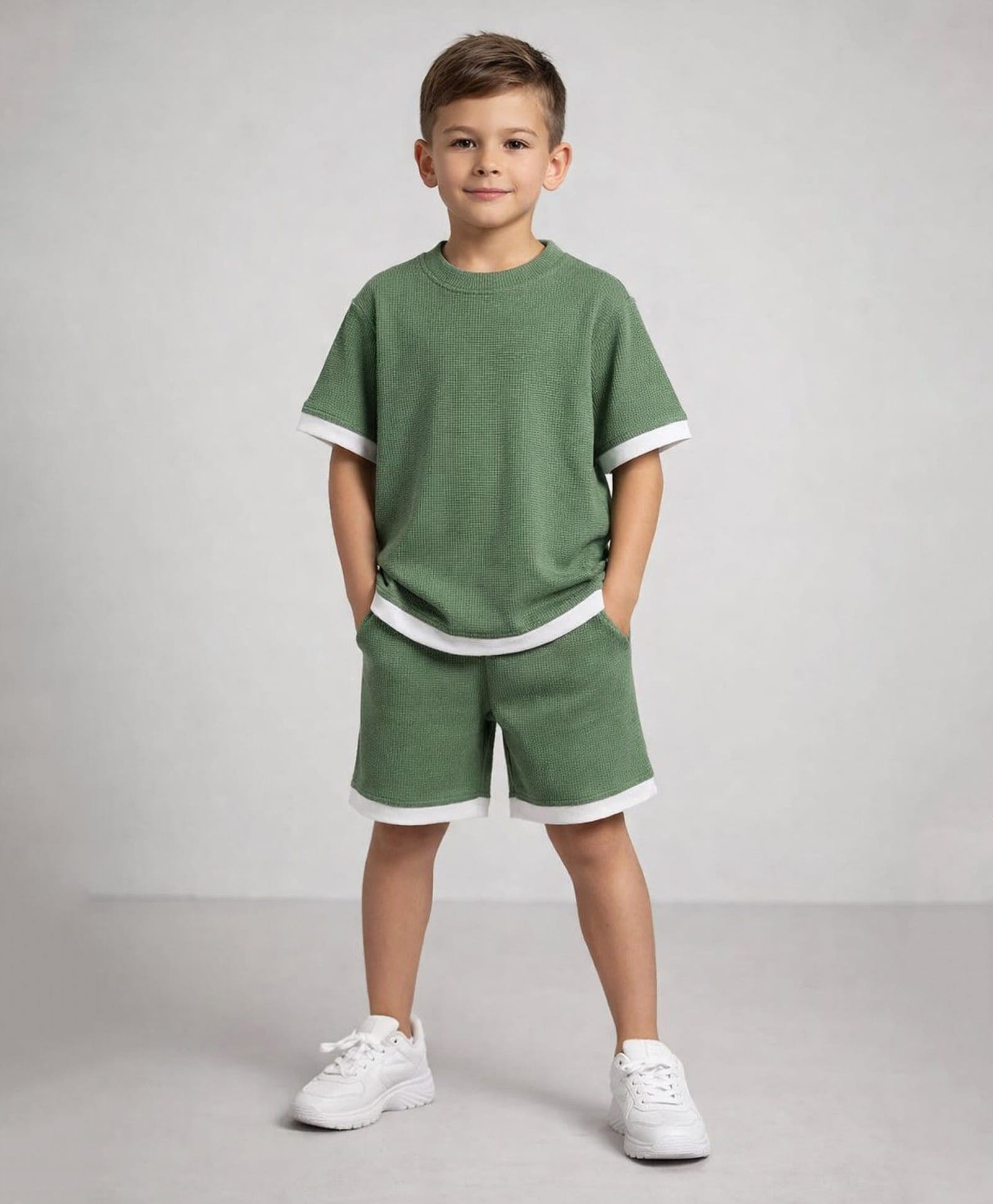 Aww Hunnie Cotton Blend Knit Half Sleeves Textured Coordinating Tee & Shorts Set - Green-picture-20