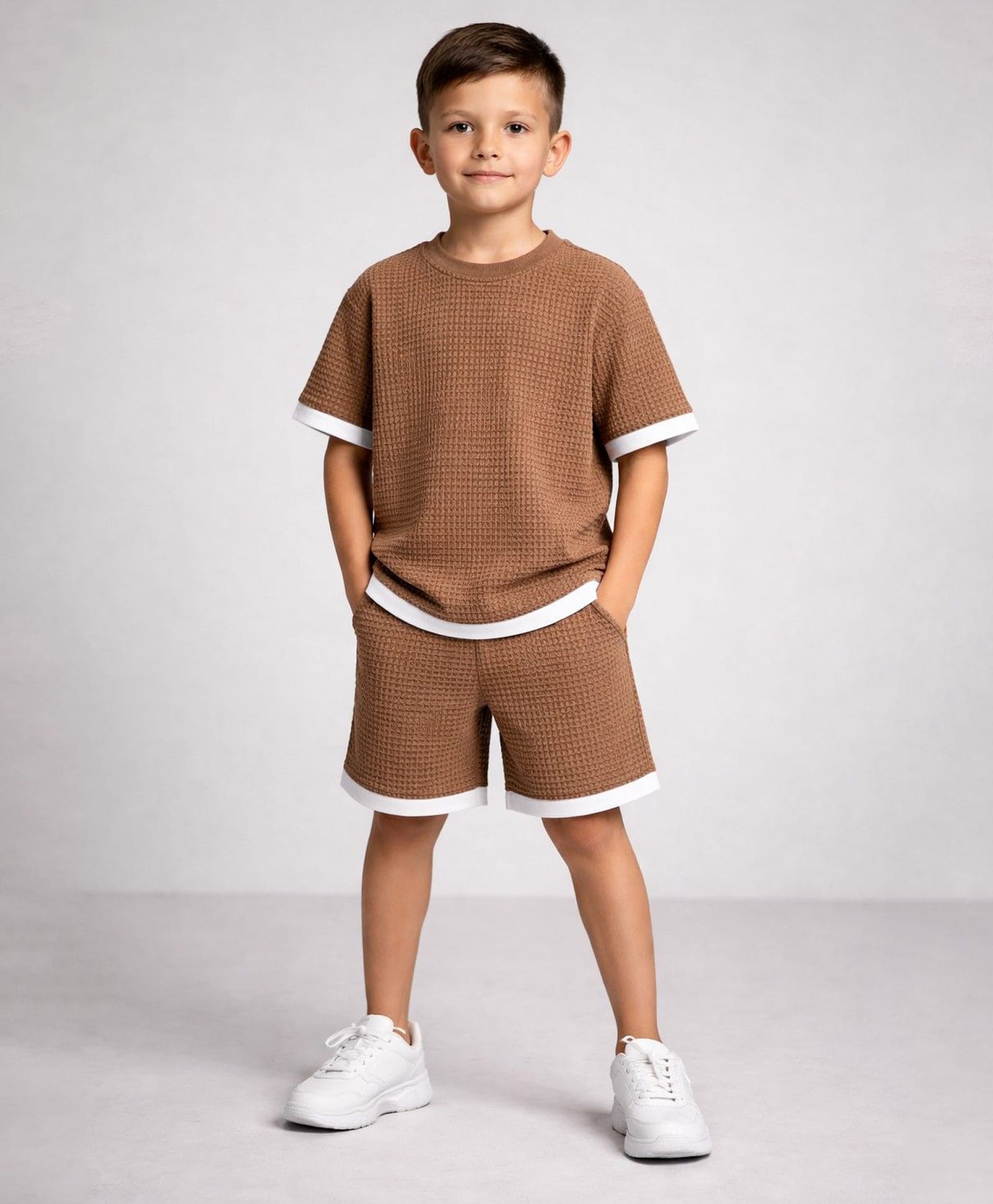 Aww Hunnie Cotton Blend Knit Half Sleeves Textured Coordinating Tee & Shorts Set - Brown-picture-17