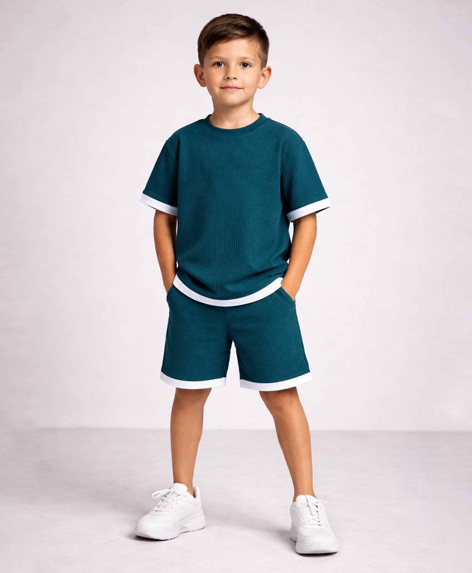 Aww Hunnie Cotton Blend Knit Half Sleeves Textured Coordinating Tee & Shorts Set - Blue-picture-49