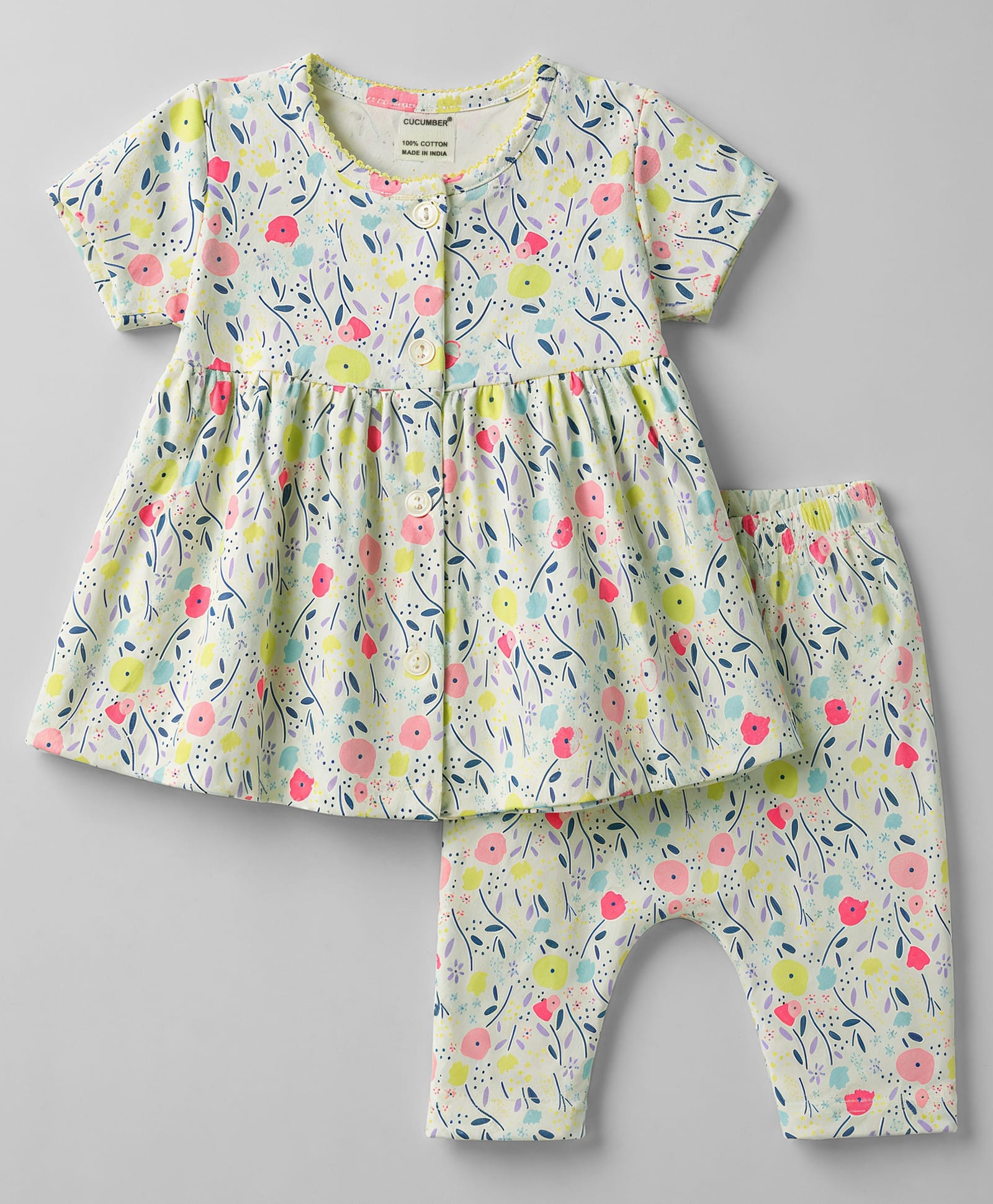 CUCUMBER Interlock Knit Half Sleeves Frock with Floral Print & Leggings - Sea Green-image-26