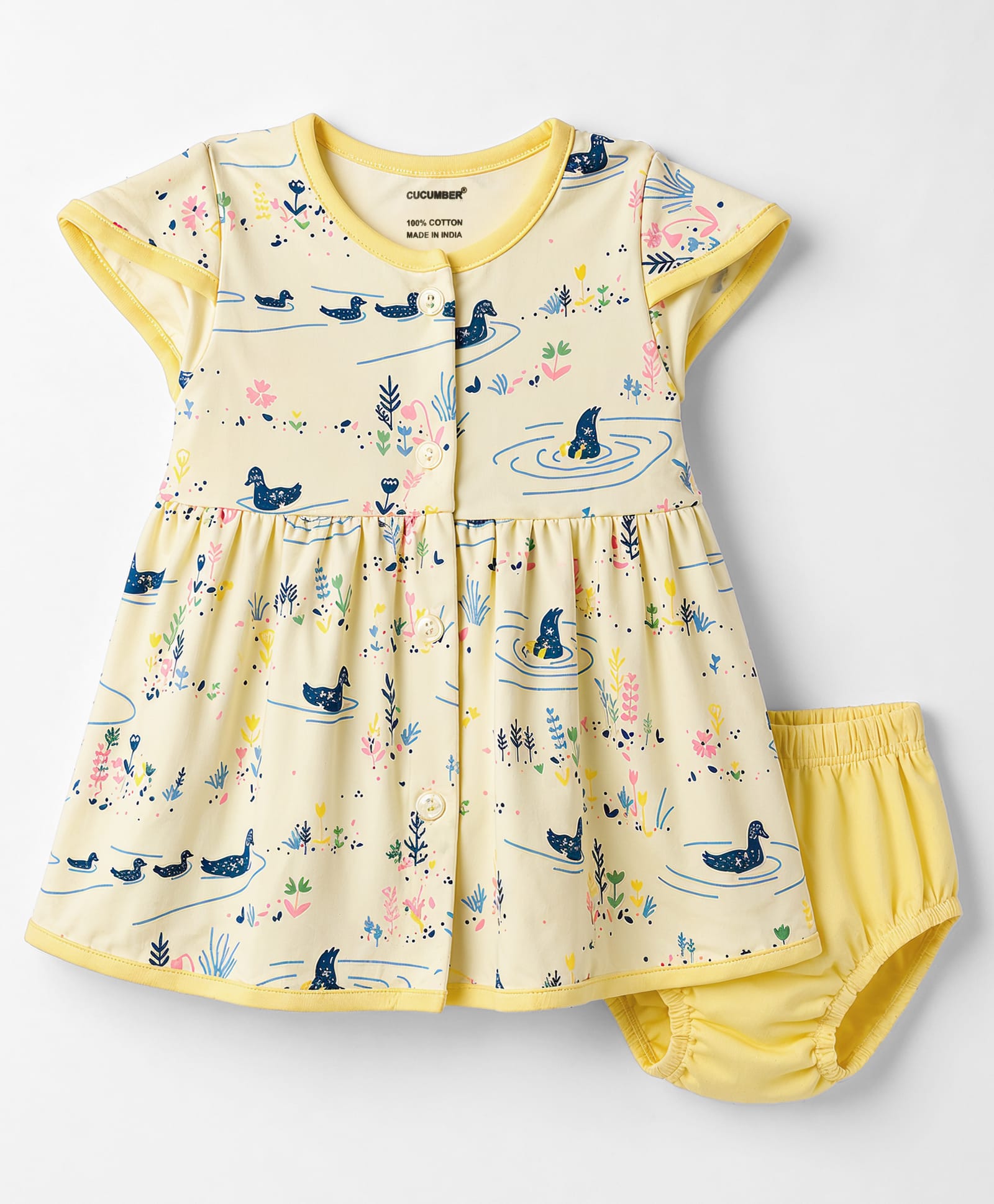 CUCUMBER Interlock Knit Half Sleeves Frock with Duck Print & Bloomer - Light Yellow-image-32