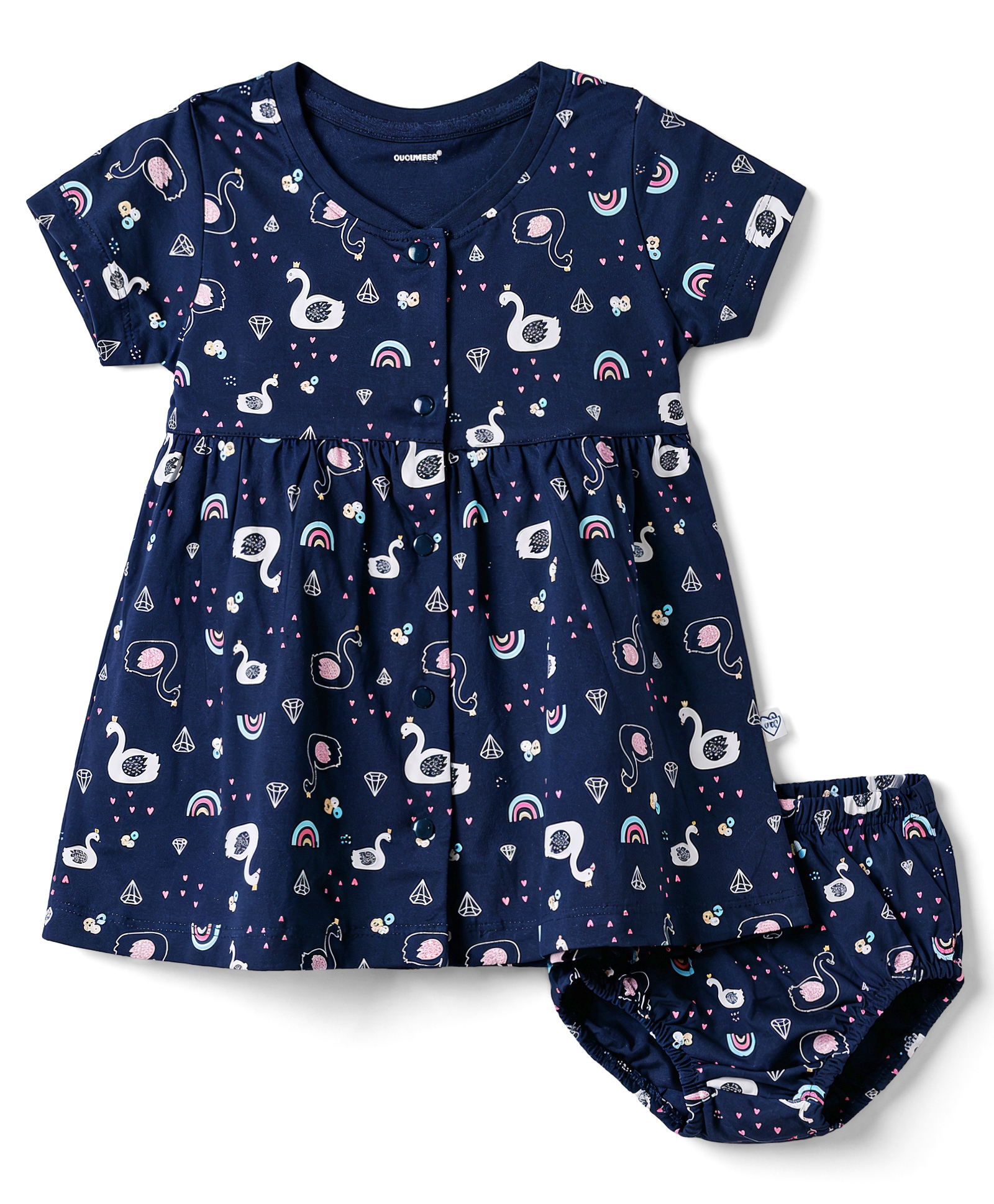 CUCUMBER Interlock Knit Half Sleeves Frock with Bloomer & Swan Print - Navy Blue-image-37