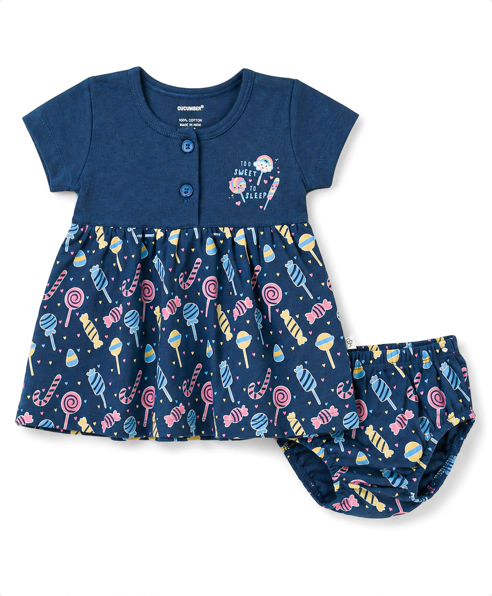 CUCUMBER Interlock Knit Half Sleeves Candy Printed Frock With Bloomer - Navy Blue-image-26