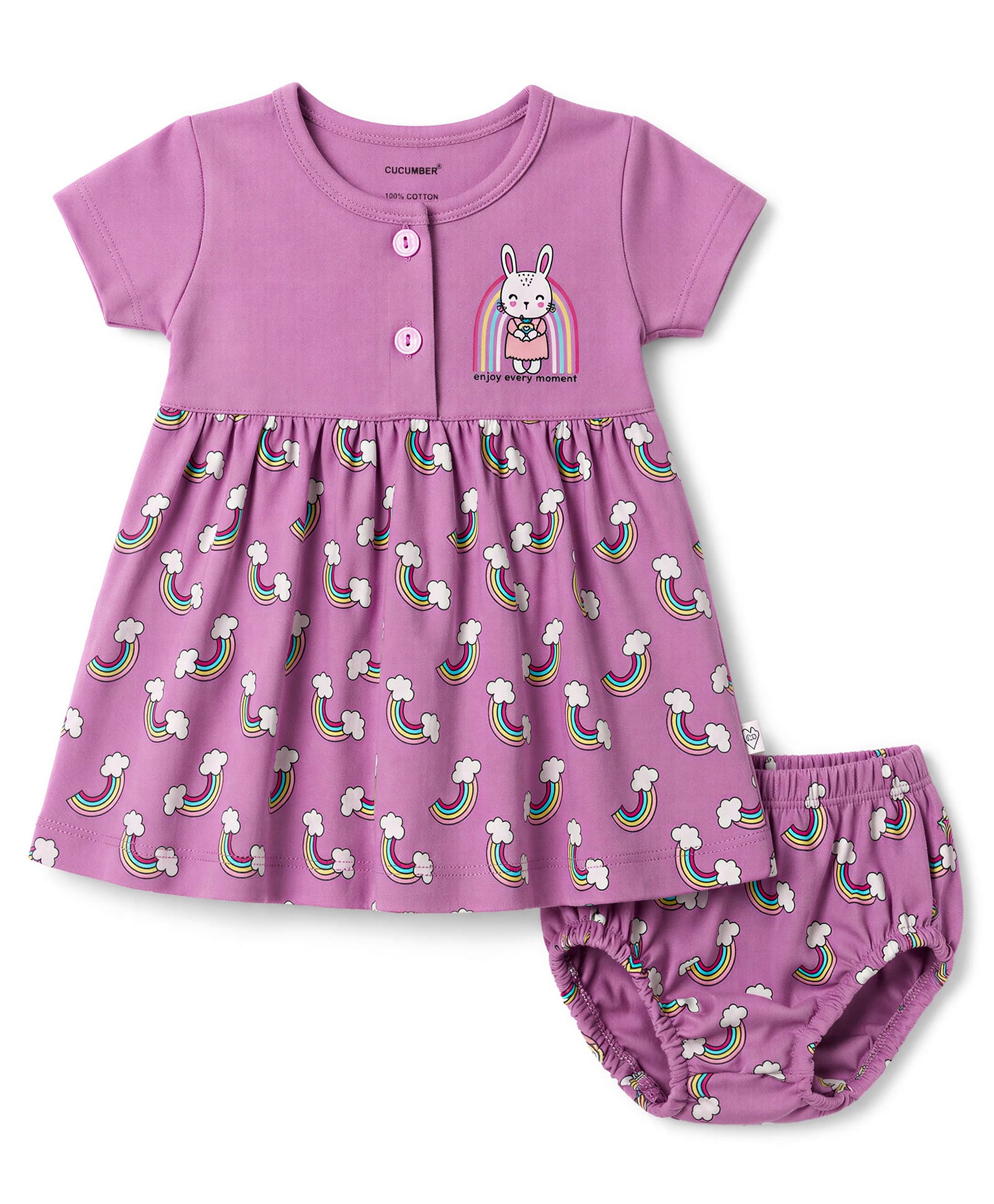 CUCUMBER Interlock Knit Half Sleeves Rainbow & Bunny Printed Frock With Bloomer - Mauve-picture-36