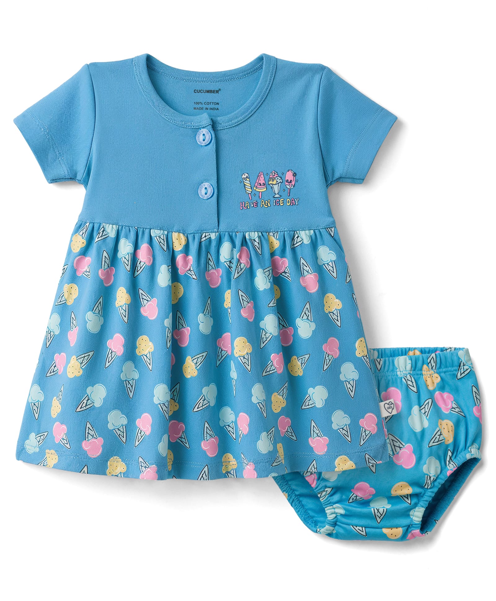 CUCUMBER Interlock Knit Half Sleeves Ice Cream Printed Frock With Bloomer - Light Blue-picture-20