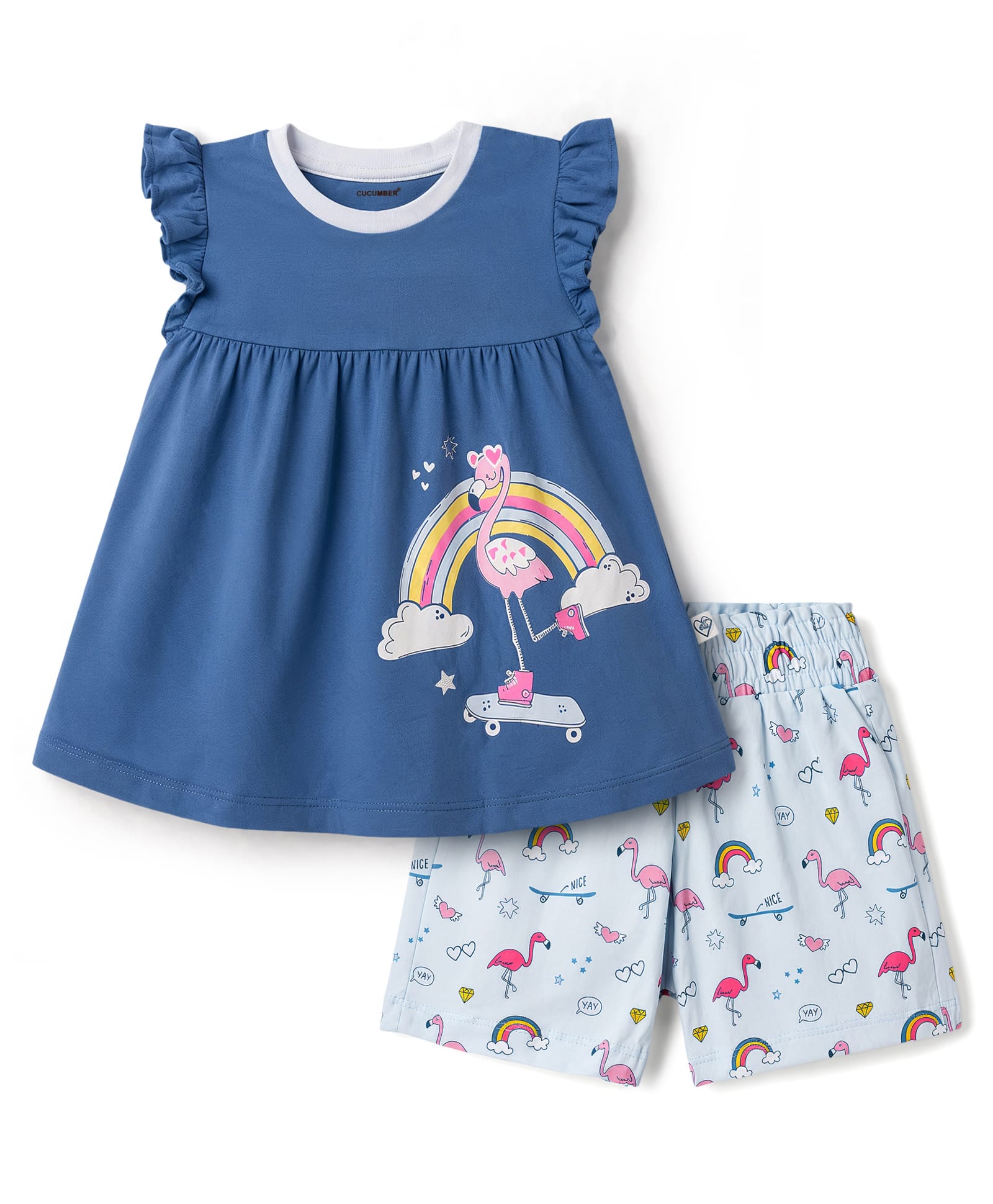 CUCUMBER Single Jersey Knit Half Sleeves Rainbow & Birds Printed Top & Shorts Set - Blue-image-25