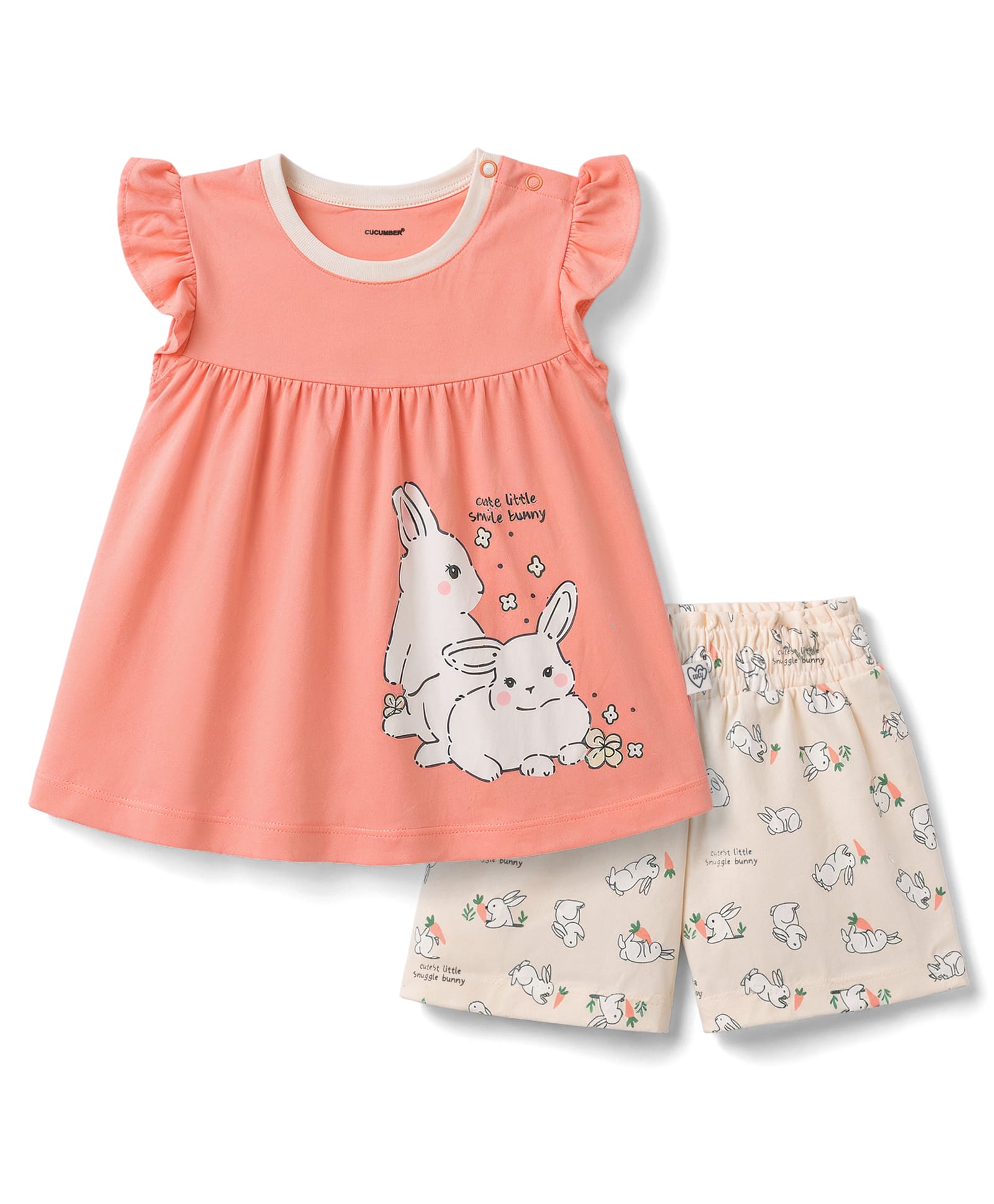 CUCUMBER Single Jersey Knit Half Sleeves Top & Shorts Set with Bunny Print - Orange-picture-32