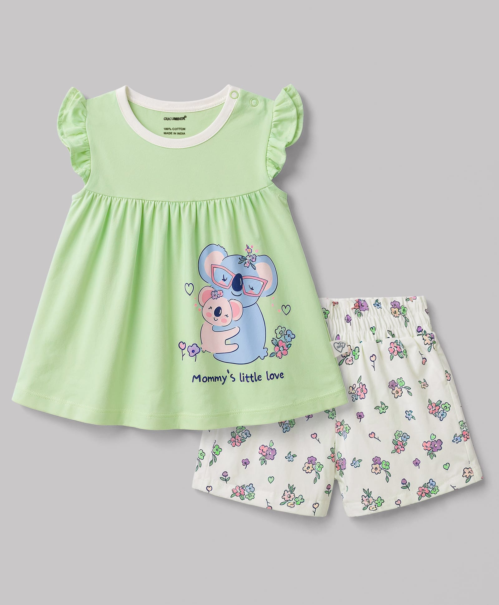 CUCUMBER Single Jersey Knit Half Sleeves Koala & Floral Printed Top & Shorts Set - Light Green-image-26
