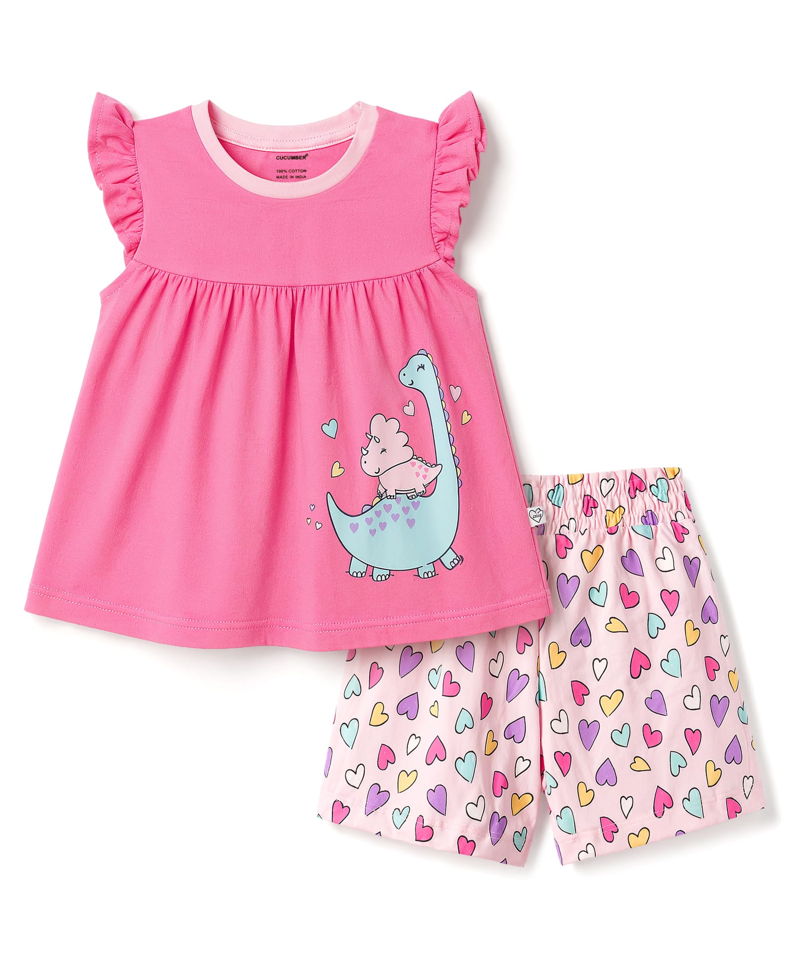 CUCUMBER Single Jersey Knit Half Sleeves Dino & Hearts Printed Top & Shorts Set - Pink-image-25