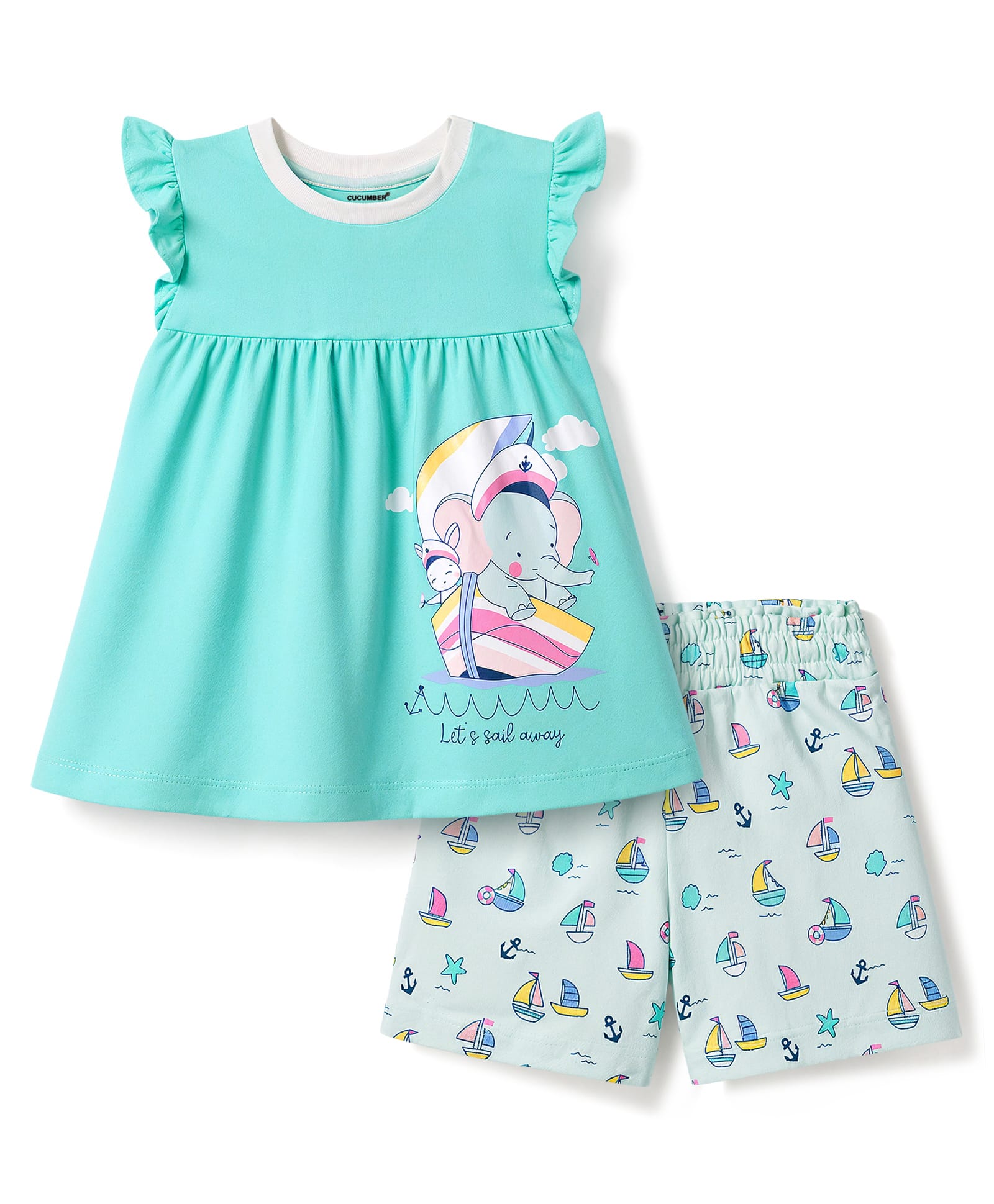 CUCUMBER Single Jersey Knit Half Sleeves Elephant & Nautical Theme Printed Top & Shorts Set - Aqua Blue-picture-27