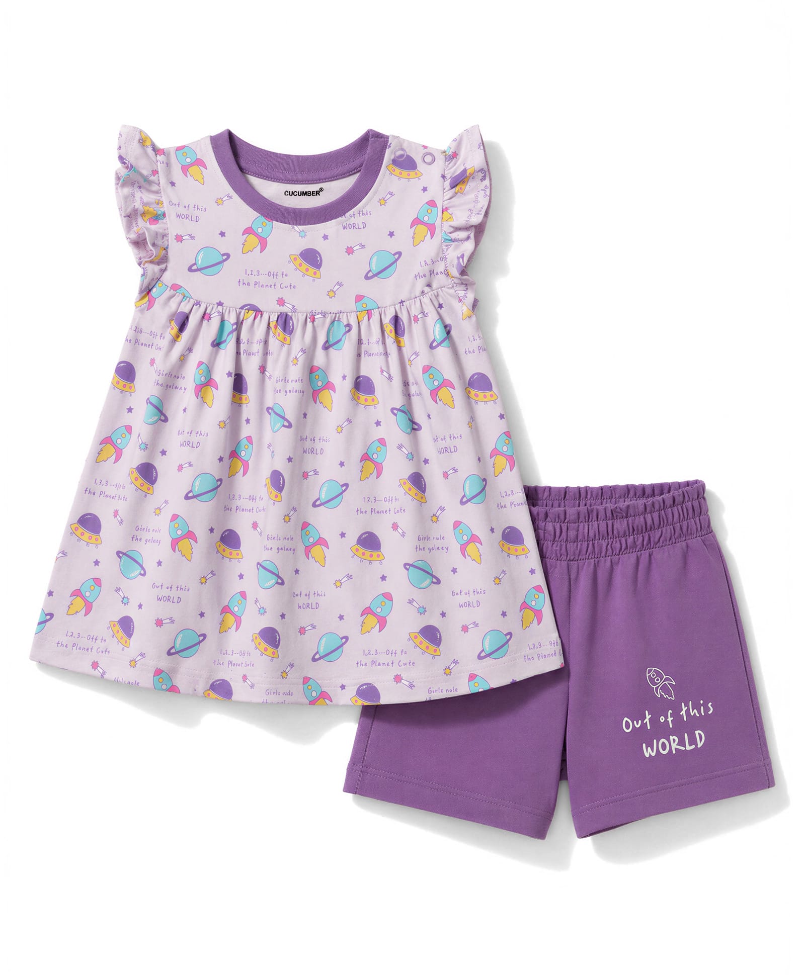 CUCUMBER Single Jersey Knit Half Sleeves Space Theme Printed Top & Shorts Set - Lilac-image-22