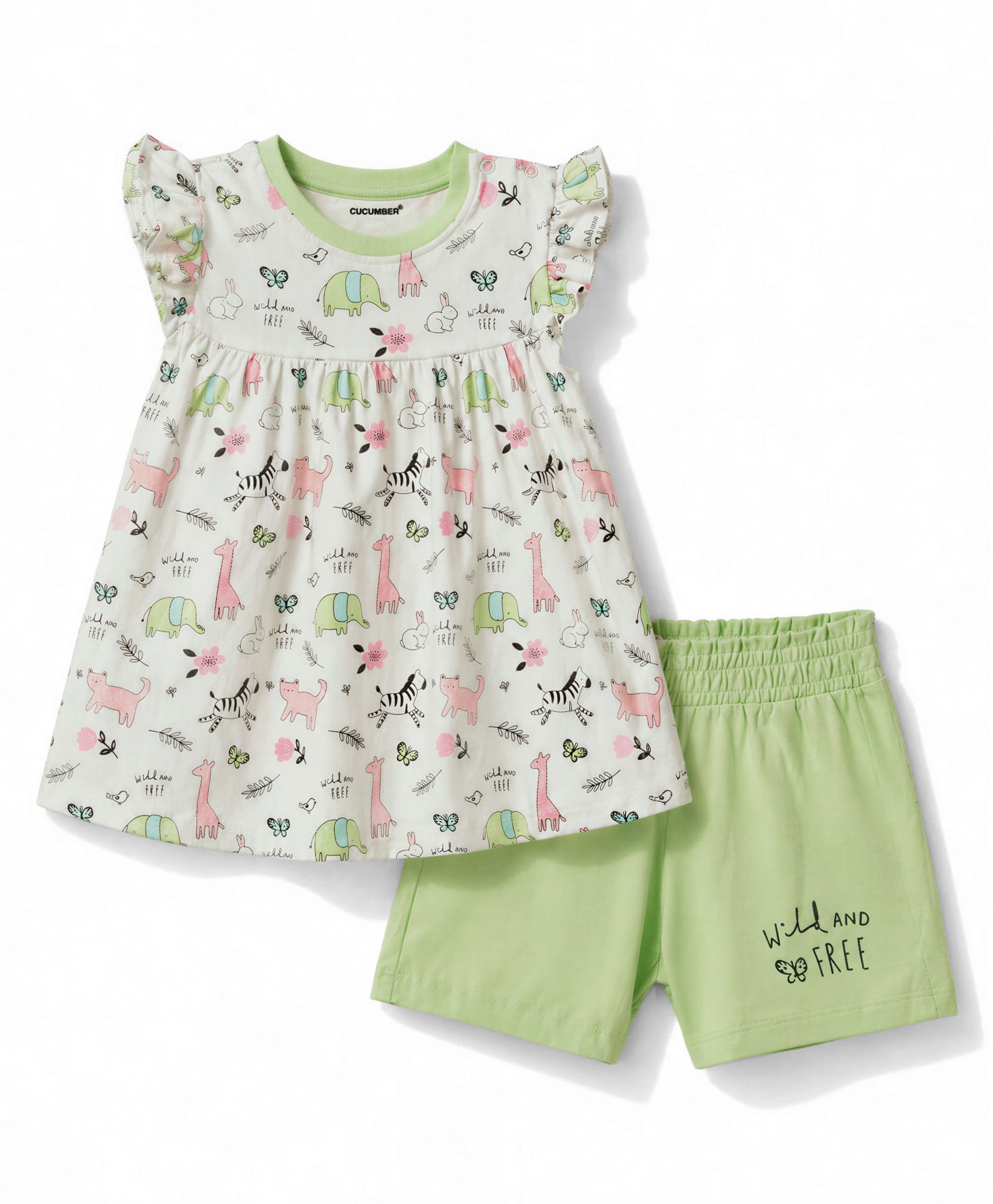 CUCUMBER Single Jersey Knit Half Sleeves Animal Printed Top & Shorts Set - Light Green-picture-38