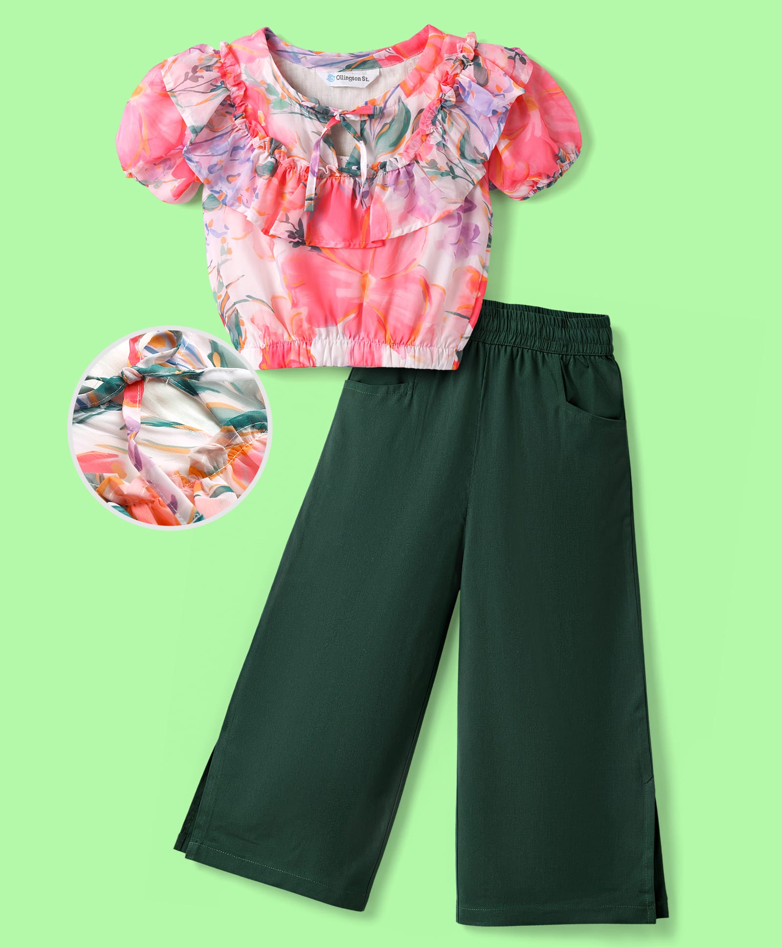 OLLINGTON ST. Woven Printed Georgette Half Sleeves Top & Woven Culottes Set - Multicolour & Green-image-49