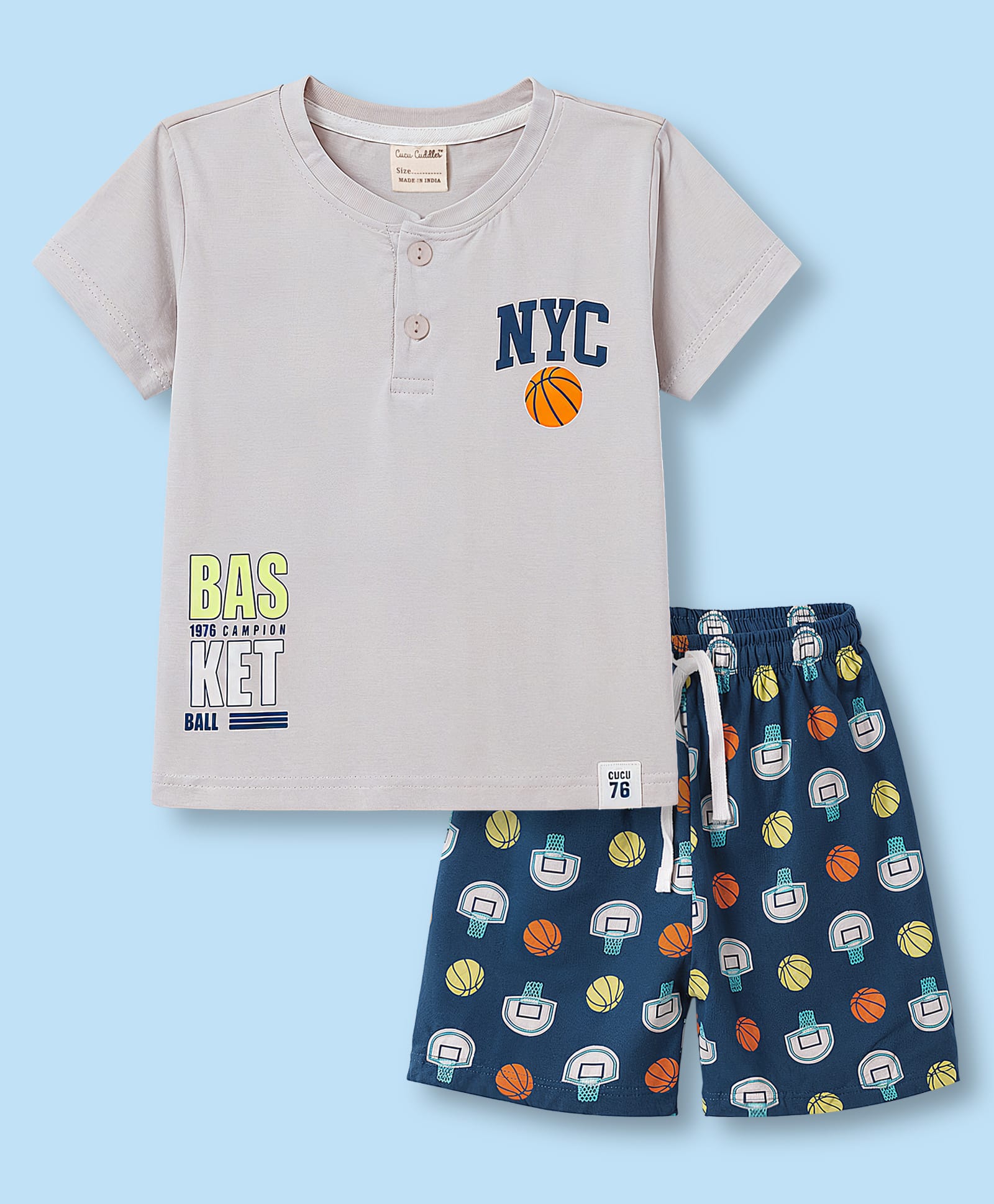 CUCUMBER Single Jersey Knit Half Sleeves Sports Theme Printed T-Shirt & Shorts Set - Grey-picture-29
