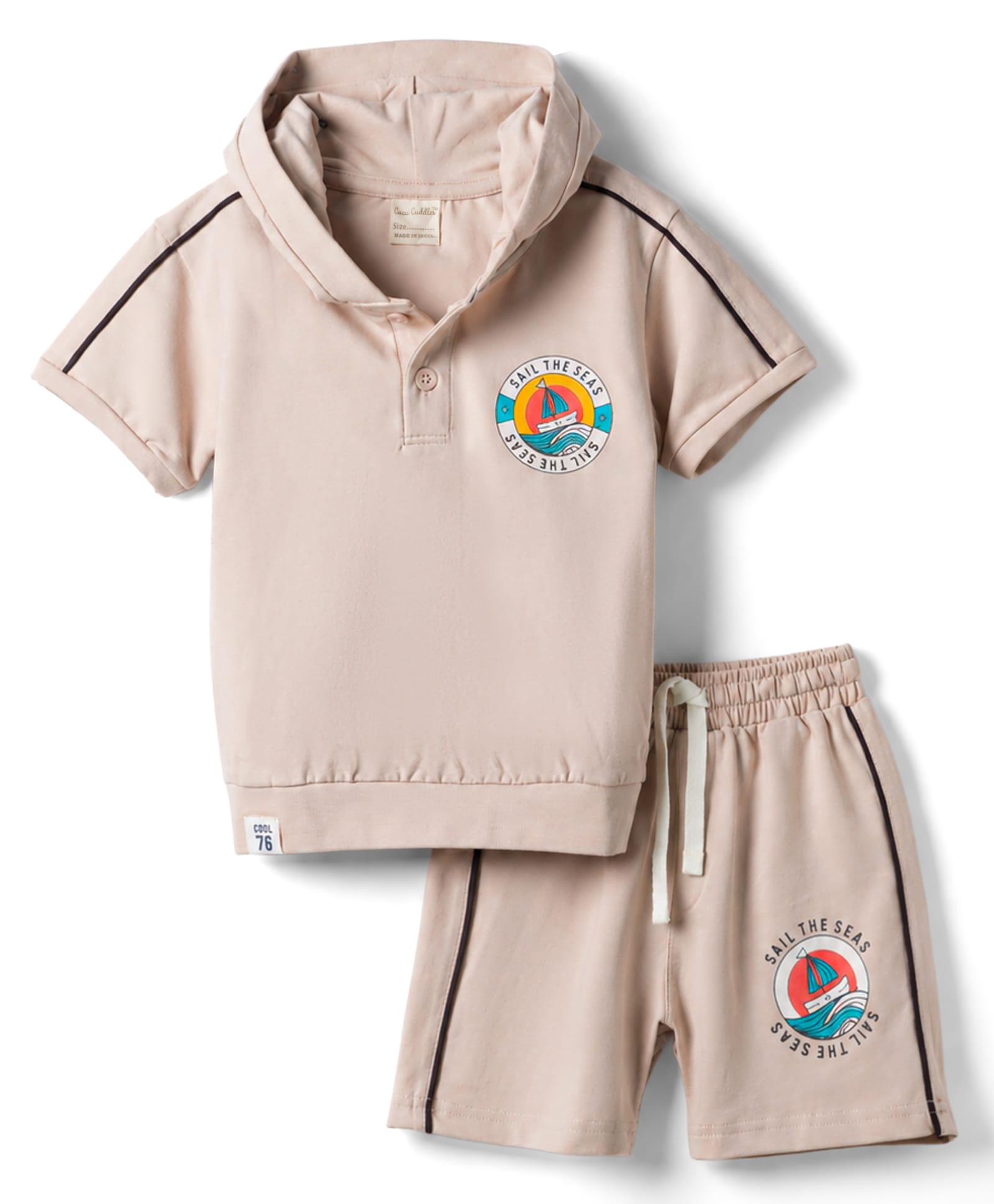 CUCUMBER Single Jersey Knit Half Sleeves Nautical Theme Printed Hooded T-Shirt & Shorts Set - Beige-image-36