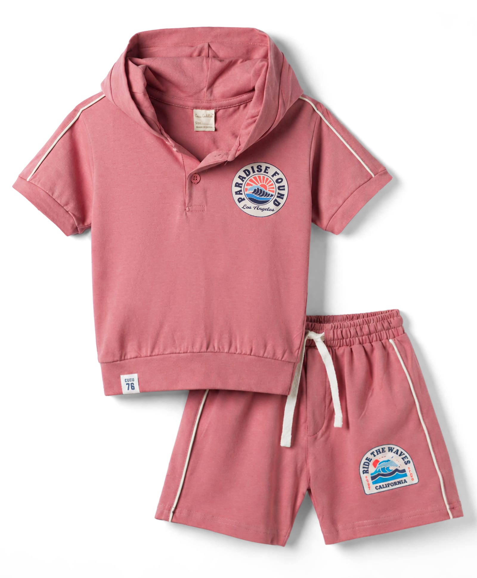 CUCUMBER Single Jersey Knit Half Sleeves Beach Theme Printed Hooded T-Shirt & Shorts Set - Pink-picture-12