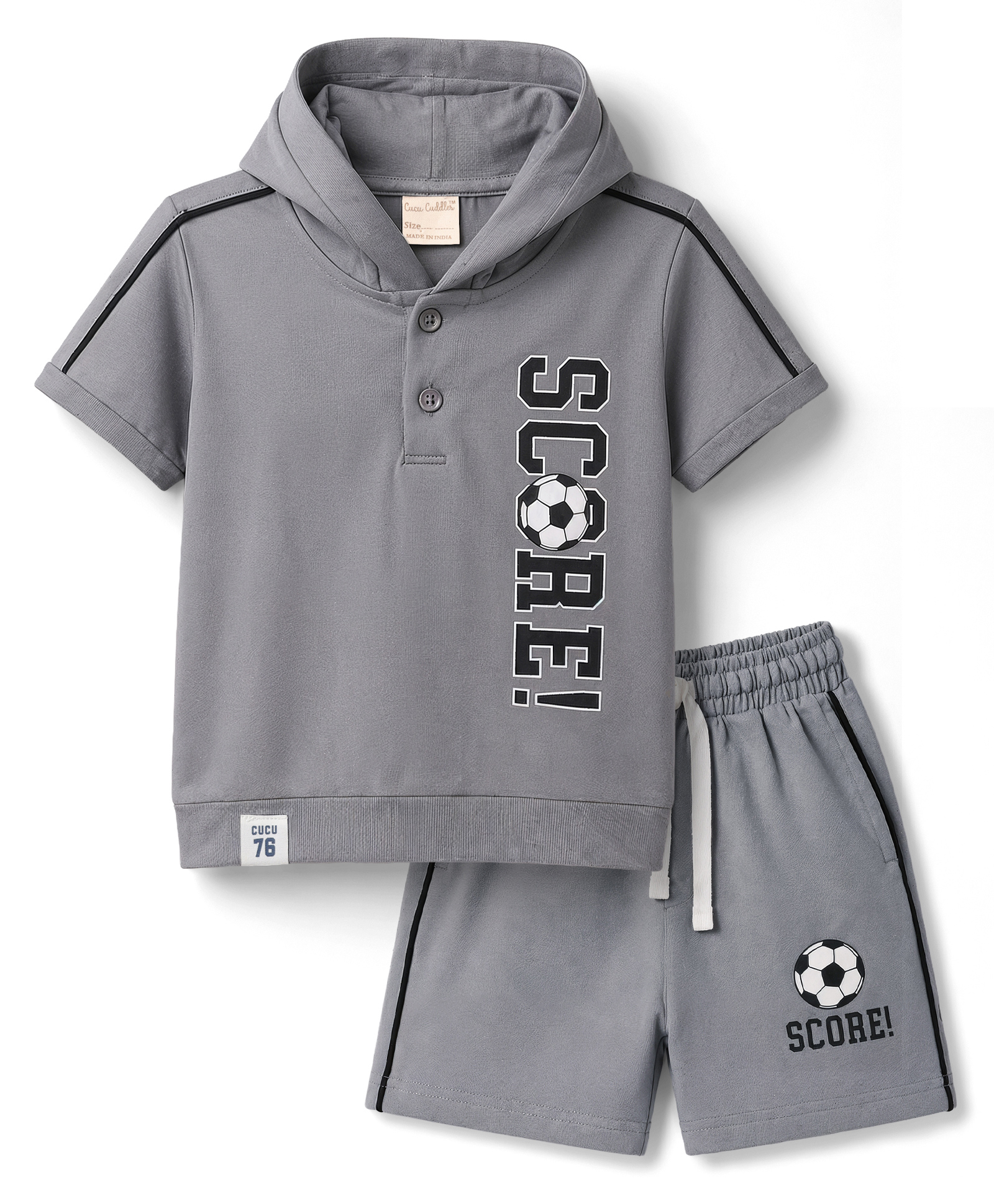 CUCUMBER Single Jersey Knit Half Sleeves Soccers Printed Hooded T-Shirt & Shorts Set - Grey-picture-35