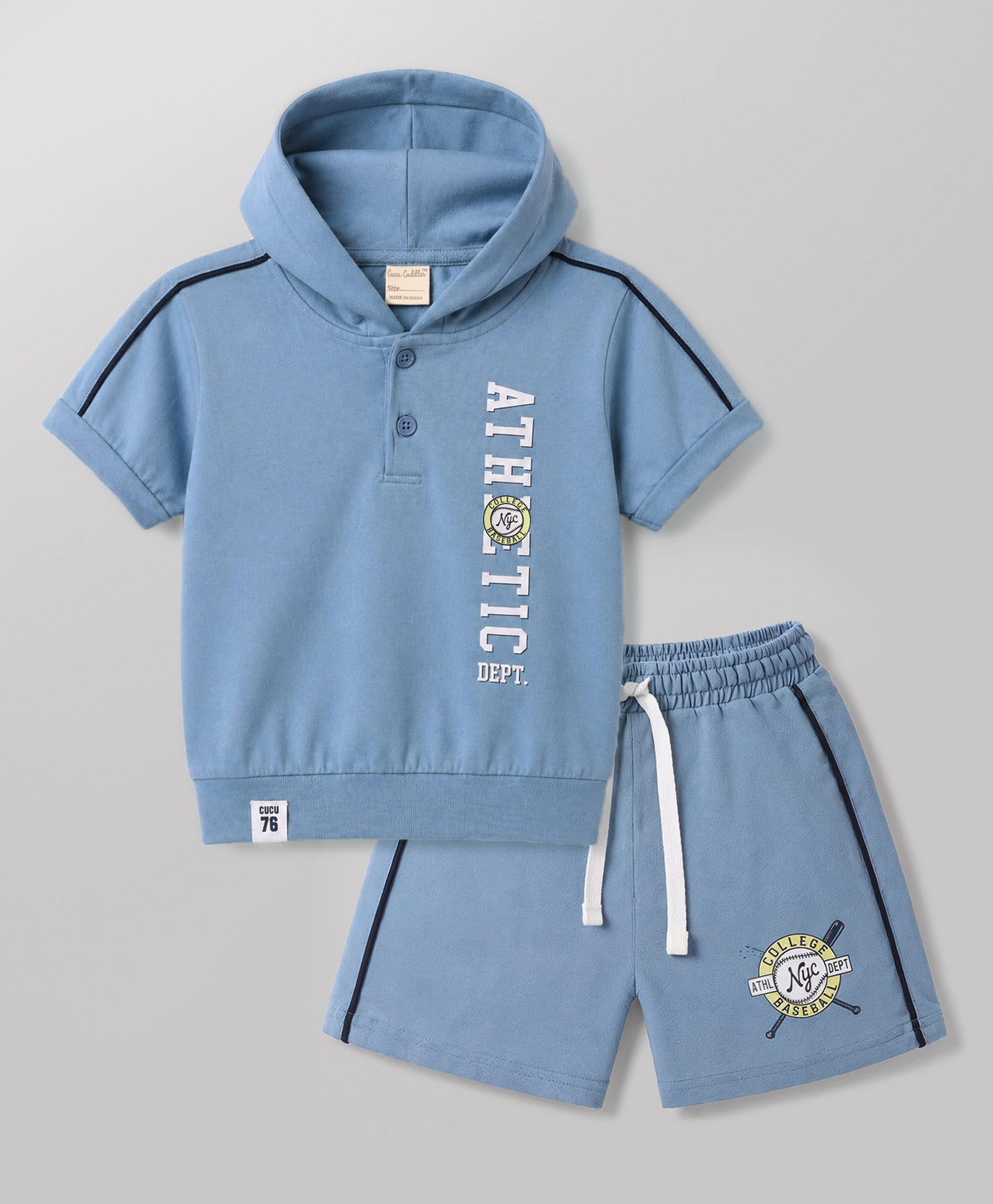 CUCUMBER Single Jersey Knit Half Sleeves Text Printed Hooded T-Shirt & Shorts Set - Blue-picture-29