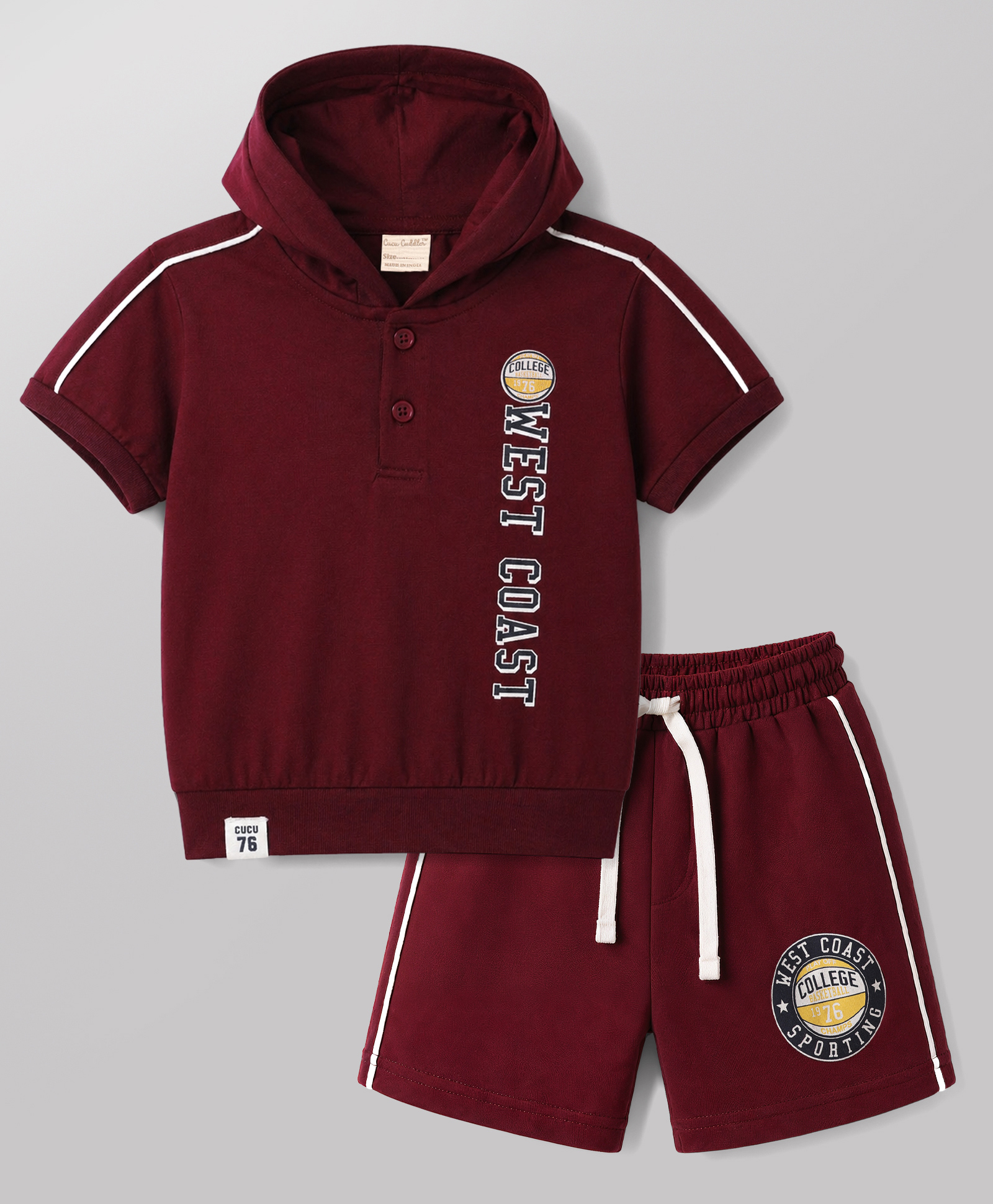 CUCUMBER Single Jersey Knit Half Sleeves Sports Theme Printed Hooded T-Shirt & Shorts Set - Dark Red-picture-25