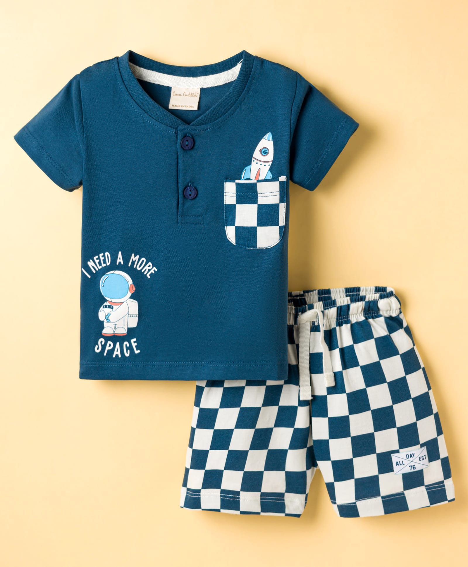 CUCUMBER Single Jersey Knit Half Sleeves Space Theme Printed & Checked T-Shirt & Set Navy Blue-picture-26