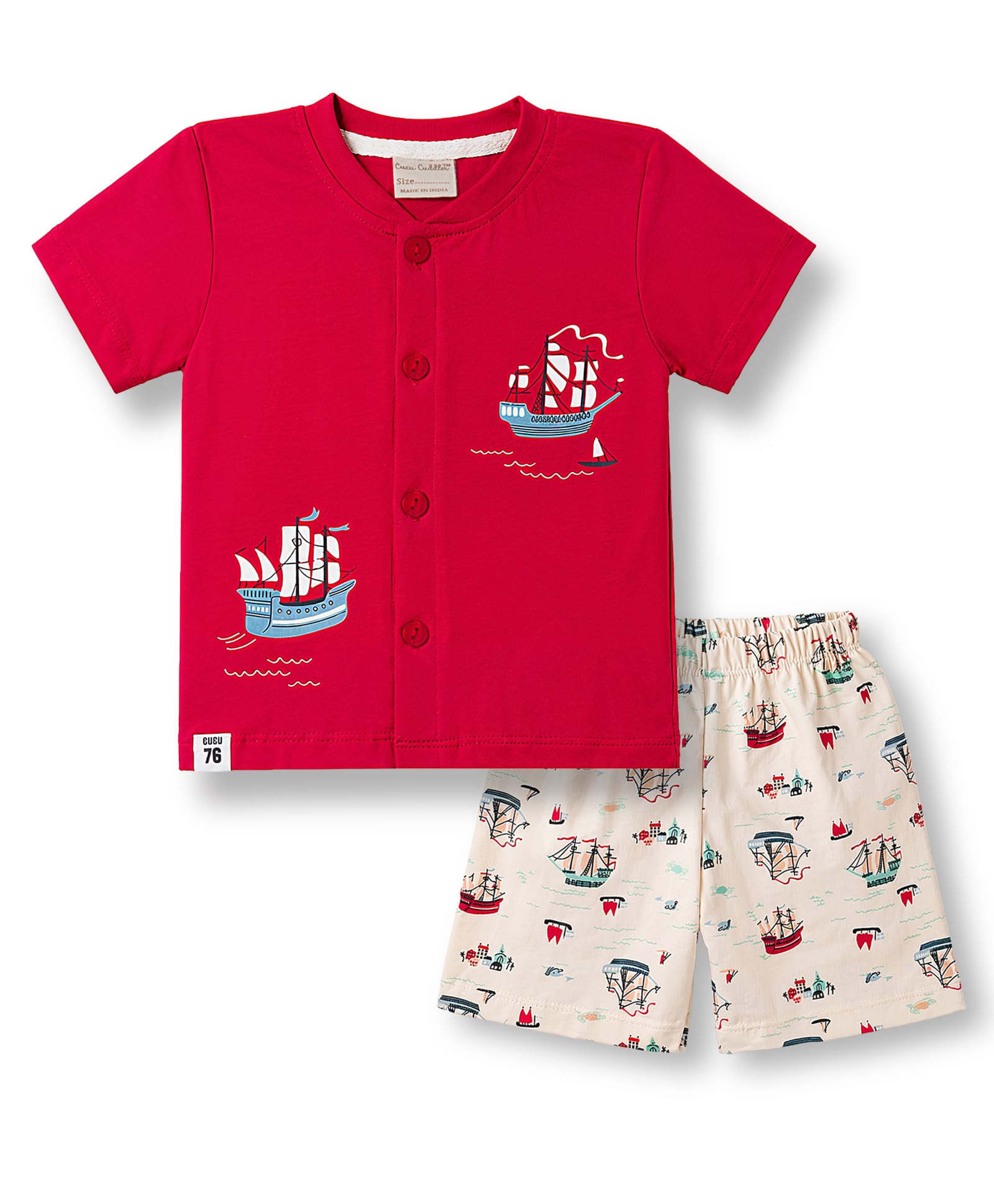CUCUMBER Single Jersey Knit Half Sleeves T-Shirt & Shorts Set with Boat Print - Red-picture-40