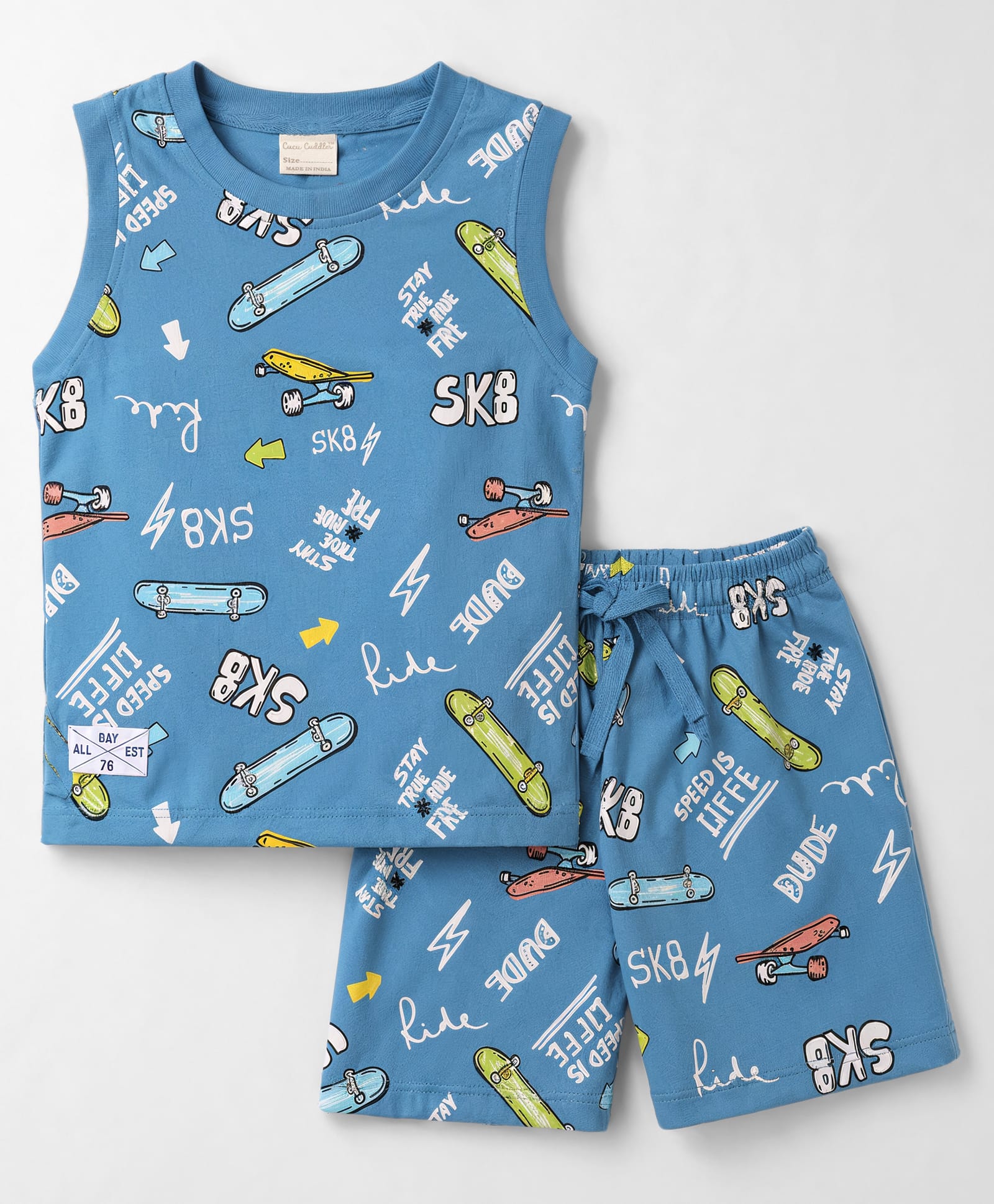 CUCUMBER Sinker Knit Sleeveless T-Shirt & Shorts Co-ord Night Suit with Skateboarding Print - Blue-picture-26