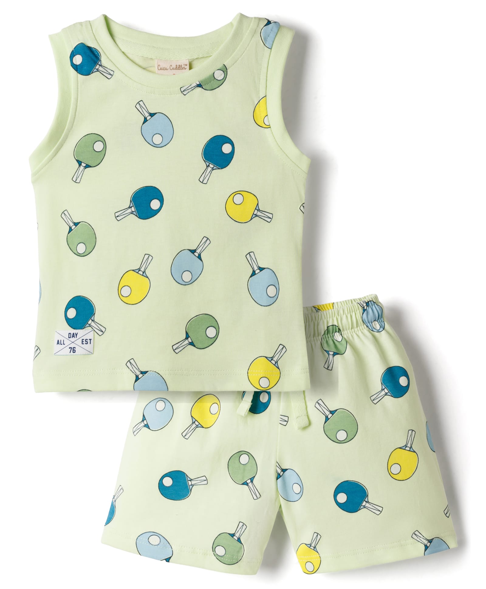 CUCUMBER Sinker Knit Sleeveless T-Shirt & Shorts Co-ord Night Suit with Table Tennis Print - Neon Green-image-44