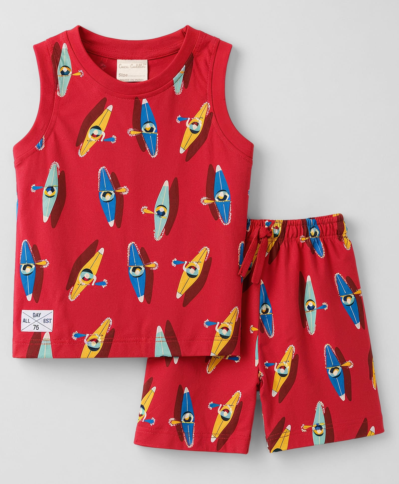 CUCUMBER Sinker Knit Sleeveless T-Shirt & Shorts Co-ord Night Suit with Kayaking Print - Red-image-9