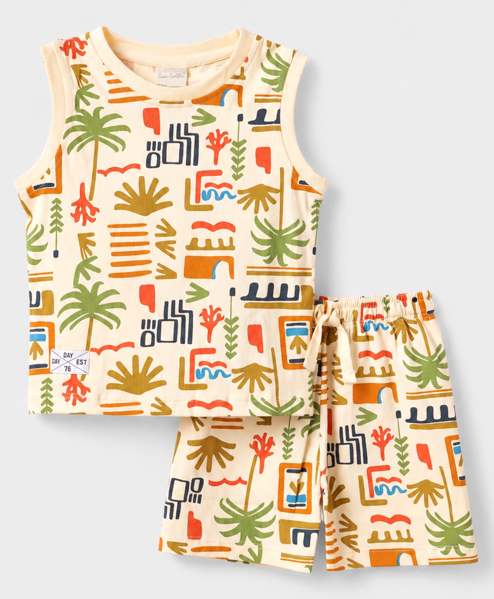 CUCUMBER Sinker Knit Sleeveless T-Shirt & Shorts Co-ord Night Suit with Tree Print - Cream-image-34
