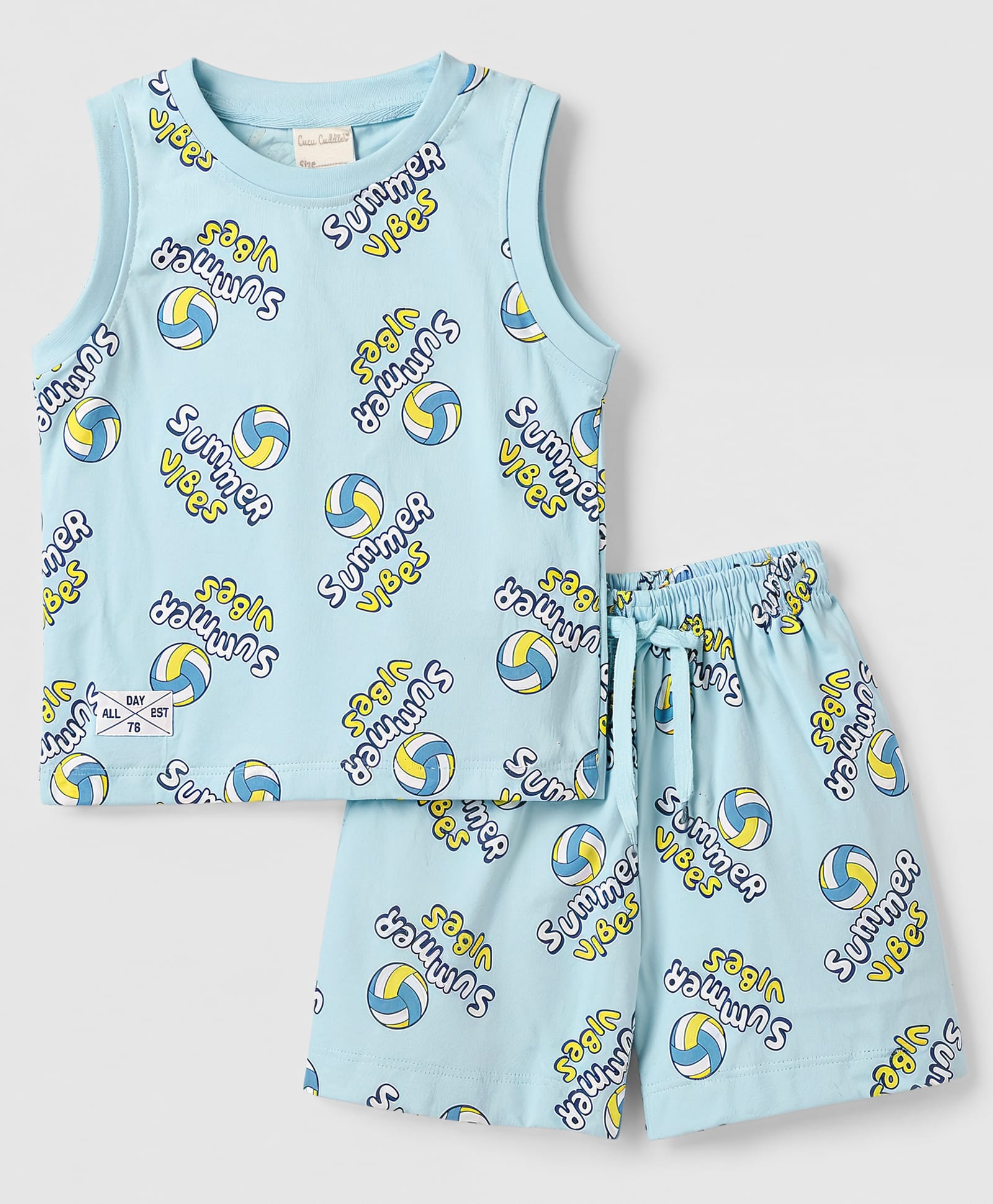 CUCUMBER Sinker Knit Sleeveless T-Shirt & Shorts Co-ord Night Suit with Volleyball Print - Light Blue-picture-29