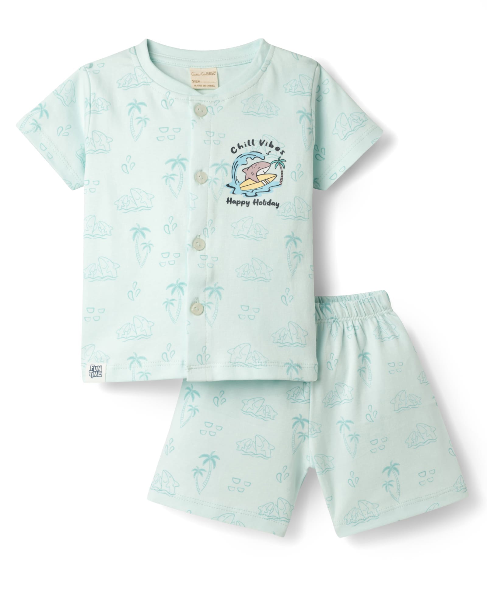 CUCUMBER Sinker Knit Sleeveless T-Shirt & Shorts Co-ord Night Suit with Volleyball Print - Light Blue-picture-27