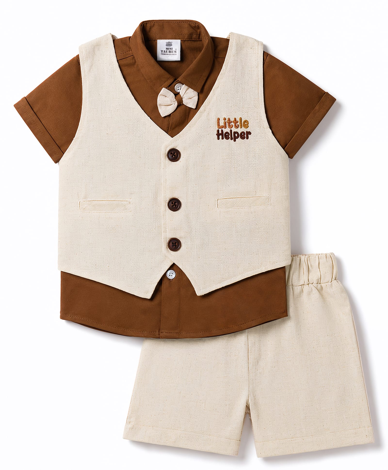 Mini Taurus Cotton Woven Half Sleeves Embroidered 3 Piece Party Suit with Bow Applique - Brown-picture-20