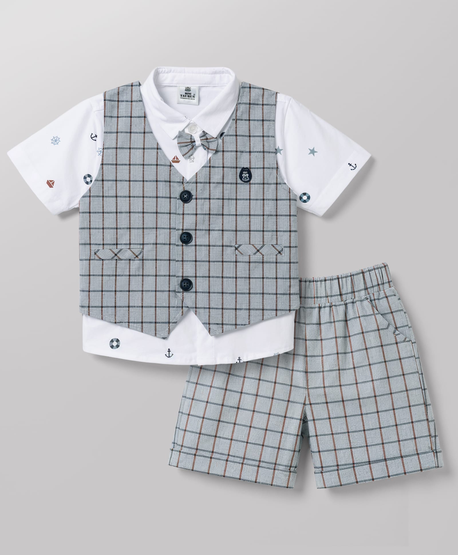 Mini Taurus Cotton Woven Half Sleeves Printed 3 Piece Party Suit with Bow Applique - Grey-picture-42