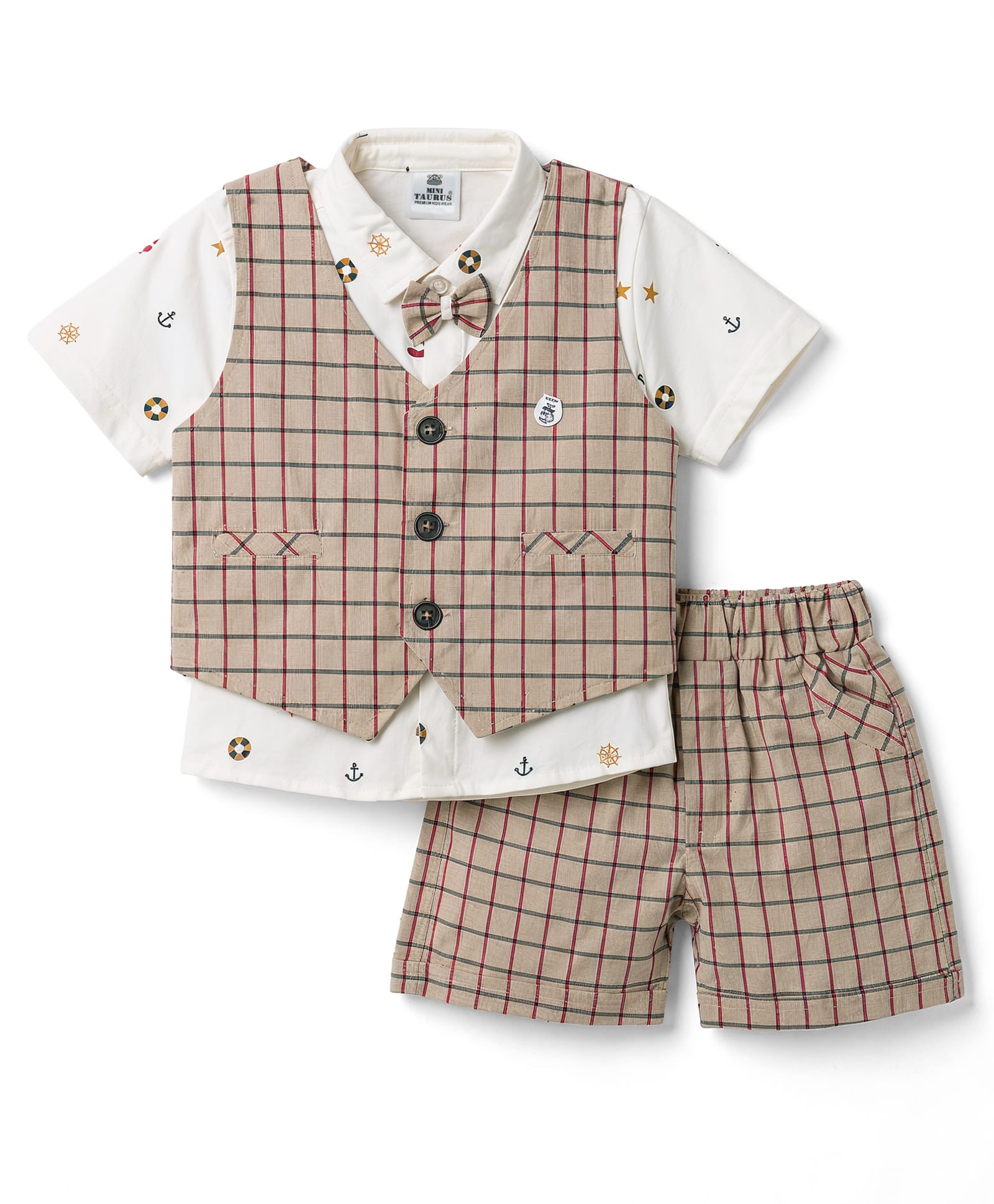 Mini Taurus Cotton Woven Half Sleeves Printed 3 Piece Party Suit with Bow Applique - Khaki-picture-26