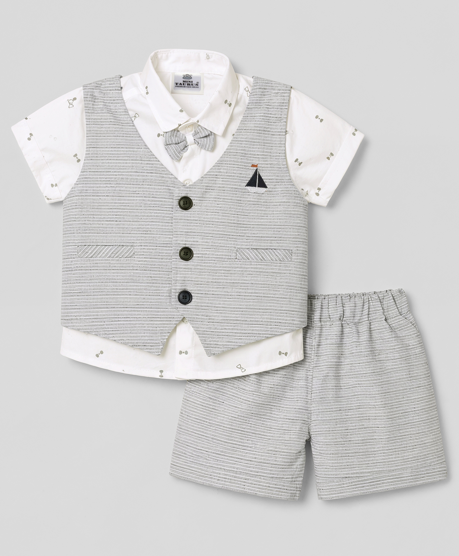 Mini Taurus Cotton Woven Half Sleeves Printed 3 Piece Party Suit with Bow Applique - Blue-picture-27