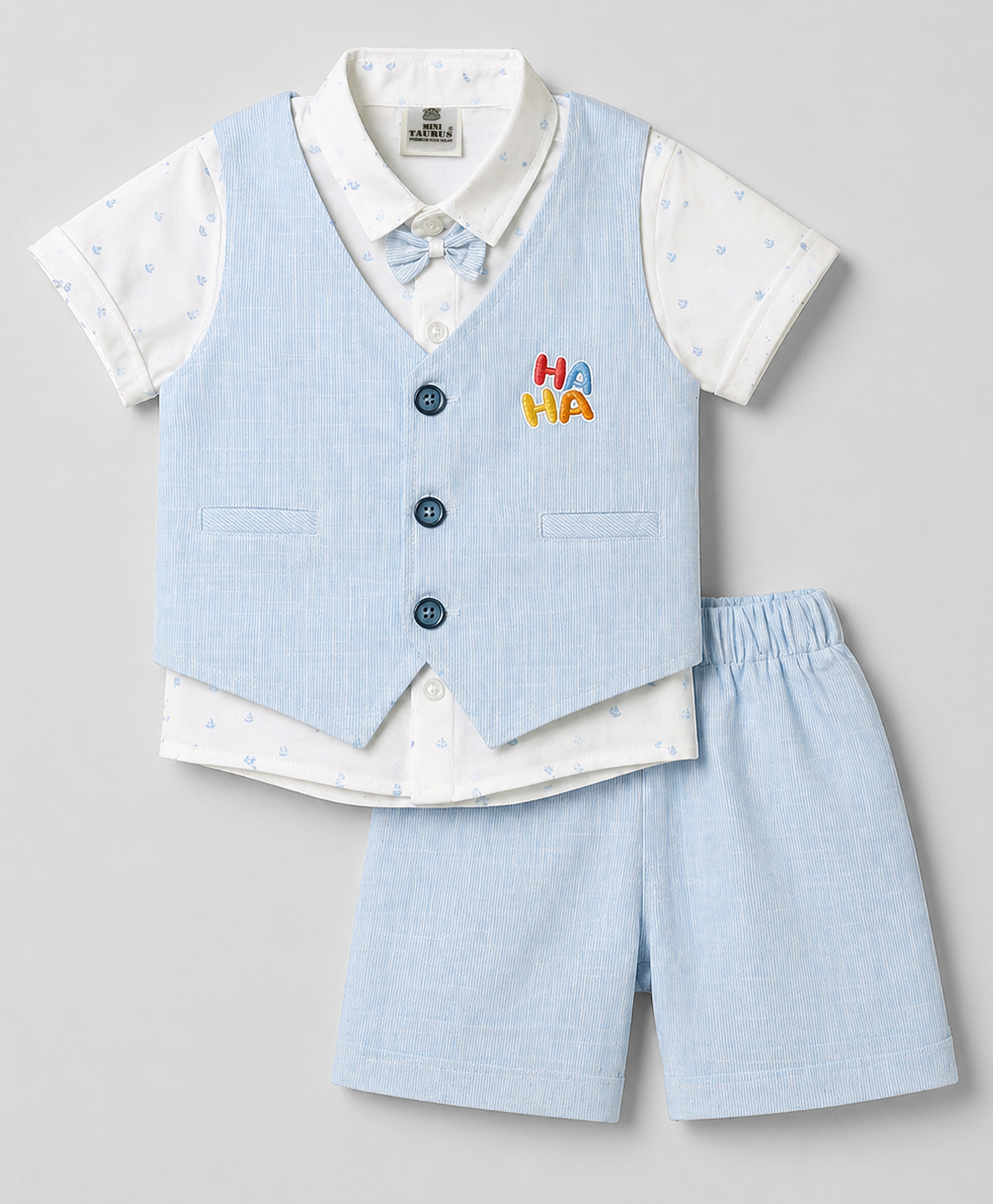 Mini Taurus Cotton Woven Half Sleeves Printed 3 Piece Party Suit with Bow Applique - Light Blue-image-34