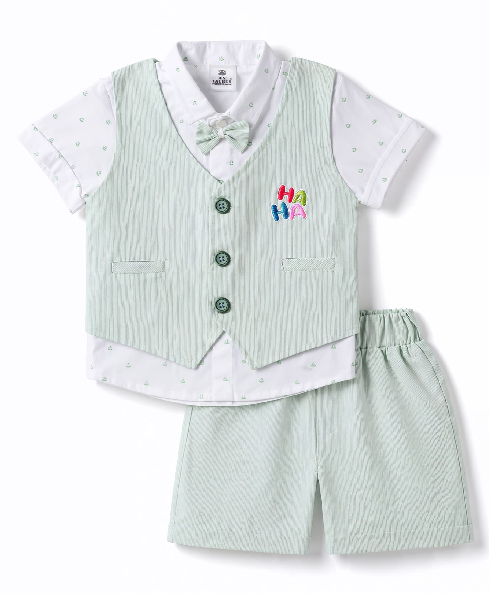 Mini Taurus Cotton Woven Half Sleeves Printed 3 Piece Party Suit with Bow Applique - Light Green-picture-17