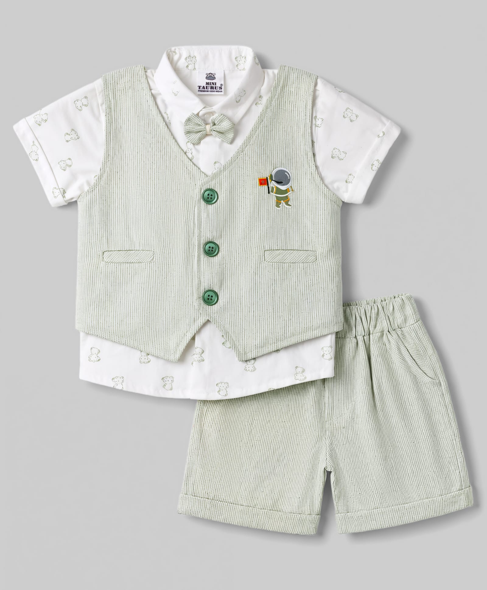 Mini Taurus Cotton Woven Half Sleeves Printed 3 Piece Party Suit with Bow Applique - Green-picture-45