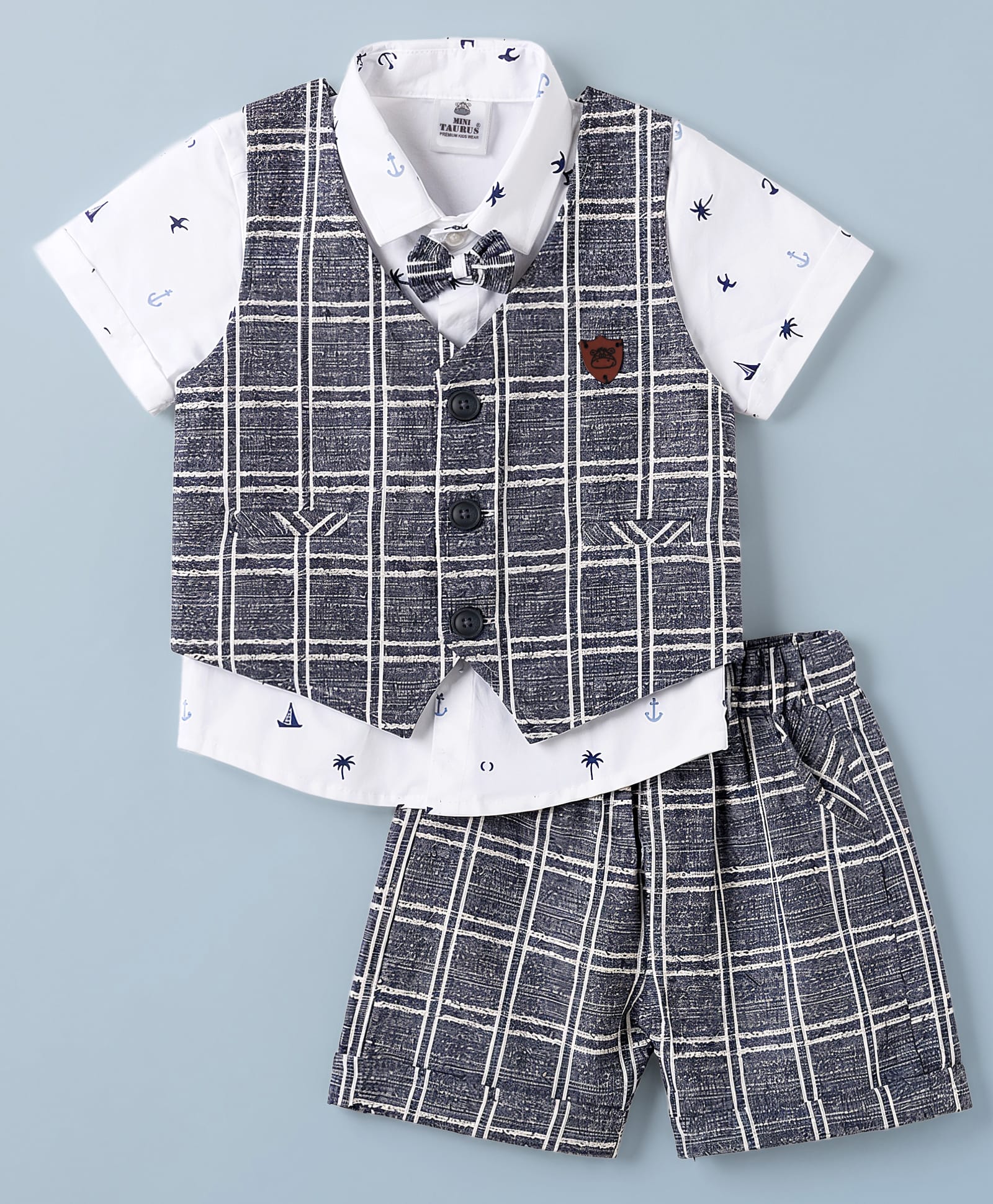Mini Taurus Cotton Woven Half Sleeves Checks & Printed 3 Piece Party Suit with Bow Applique - Navy Blue-image-46