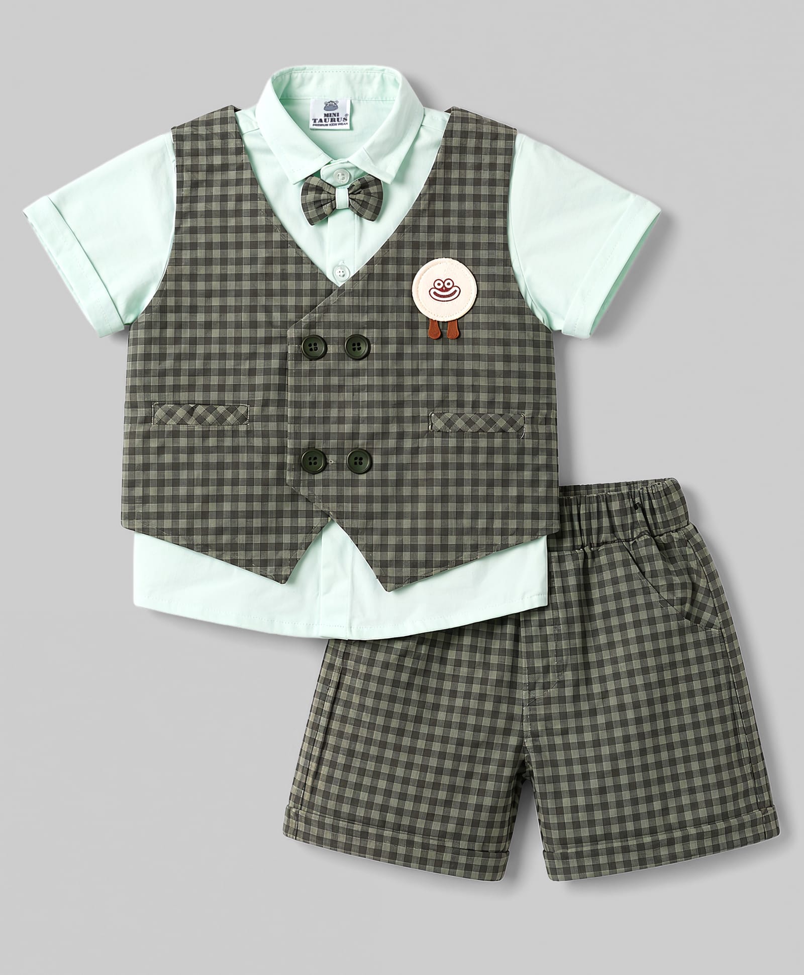 Mini Taurus Cotton Woven Half Sleeves Checks 3 Piece Party Suit with Bow Applique - Olive Green-picture-35