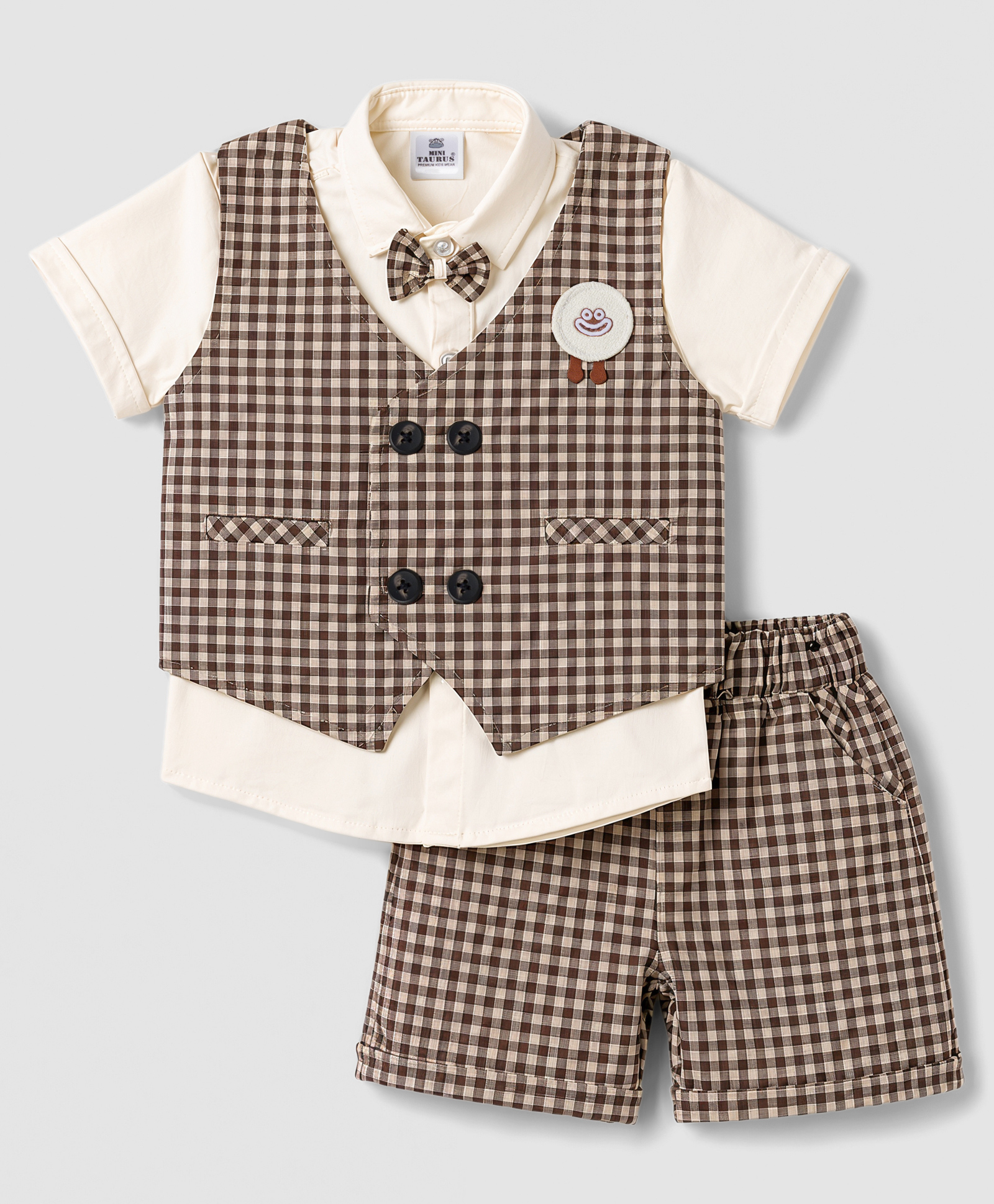 Mini Taurus Cotton Woven Half Sleeves Checks 3 Piece Party Suit with Bow Applique - Dark Brown-image-15