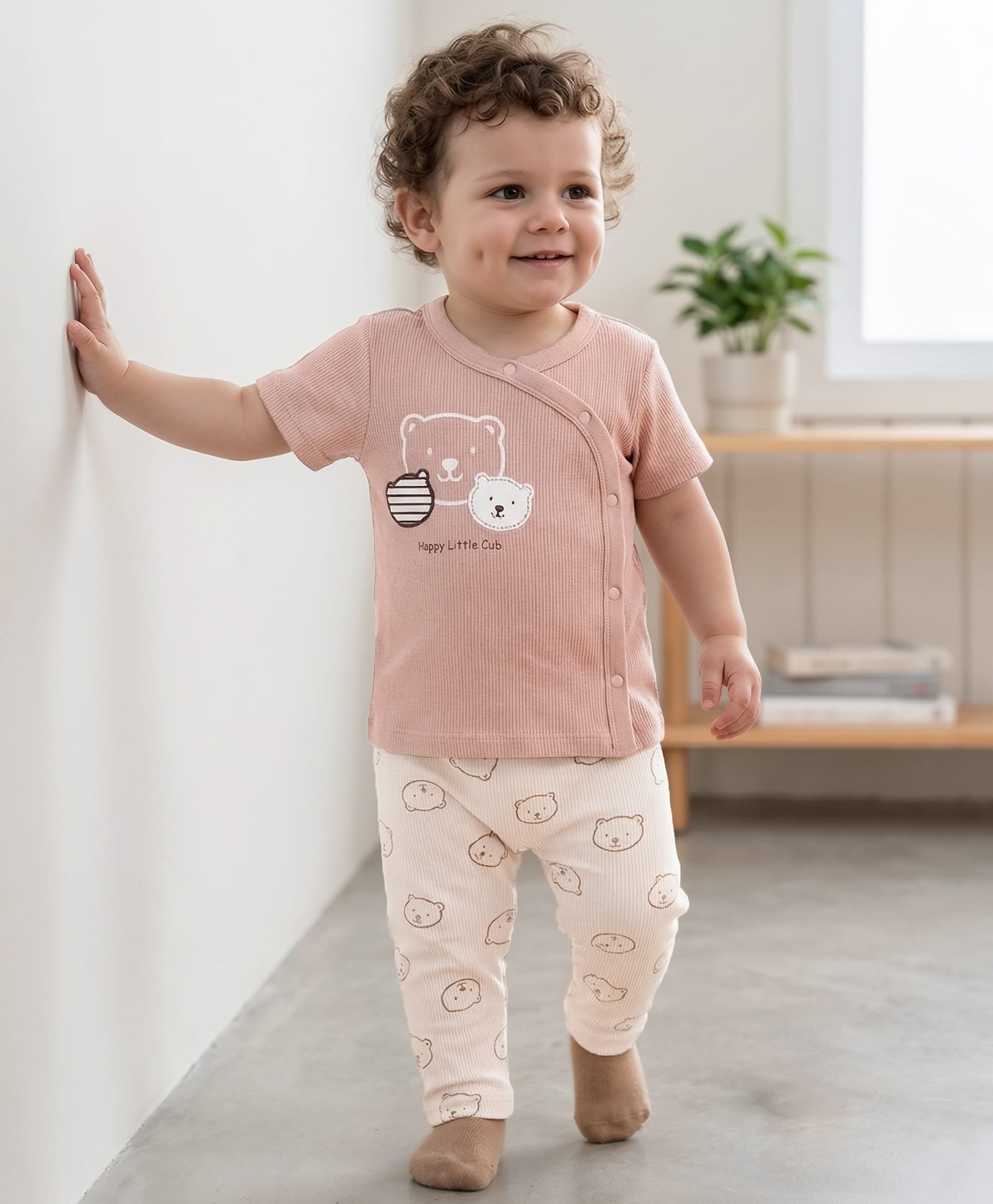 Babyoye 100% Cotton Knit Half Sleeves T-Shirt & Pant Set with Animal Print - Cream & Tan-image-49