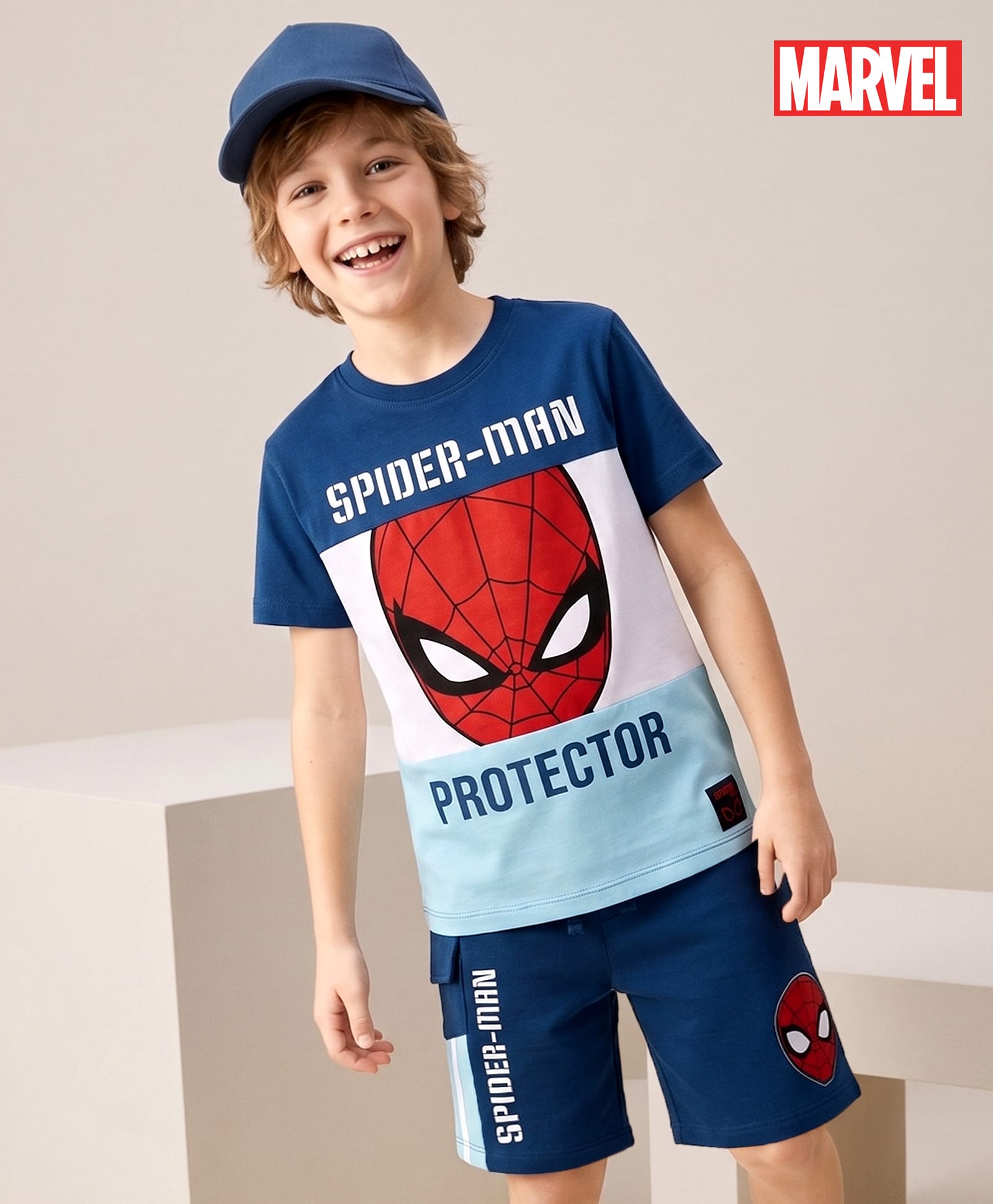 Pine Kids Marvel Single Jersey Knit Half Sleeves T-Shirt & Shorts With Spider-Man Graphic - Blue-image-31
