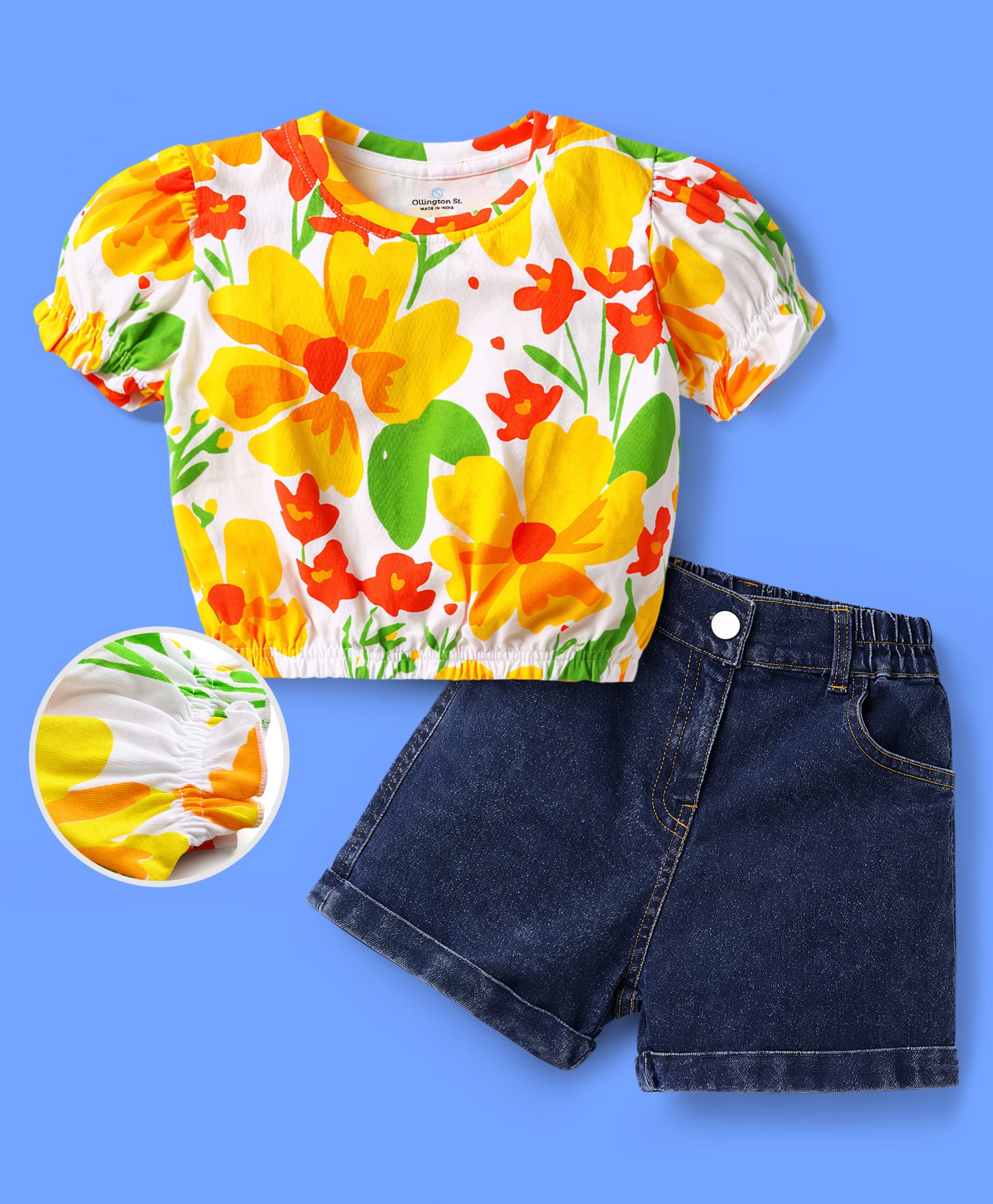 OLLINGTON ST. Cotton Knit Half Sleeves Printed Top & Stretchable Denim Shorts Set - Multicolour & Indigo-image-30