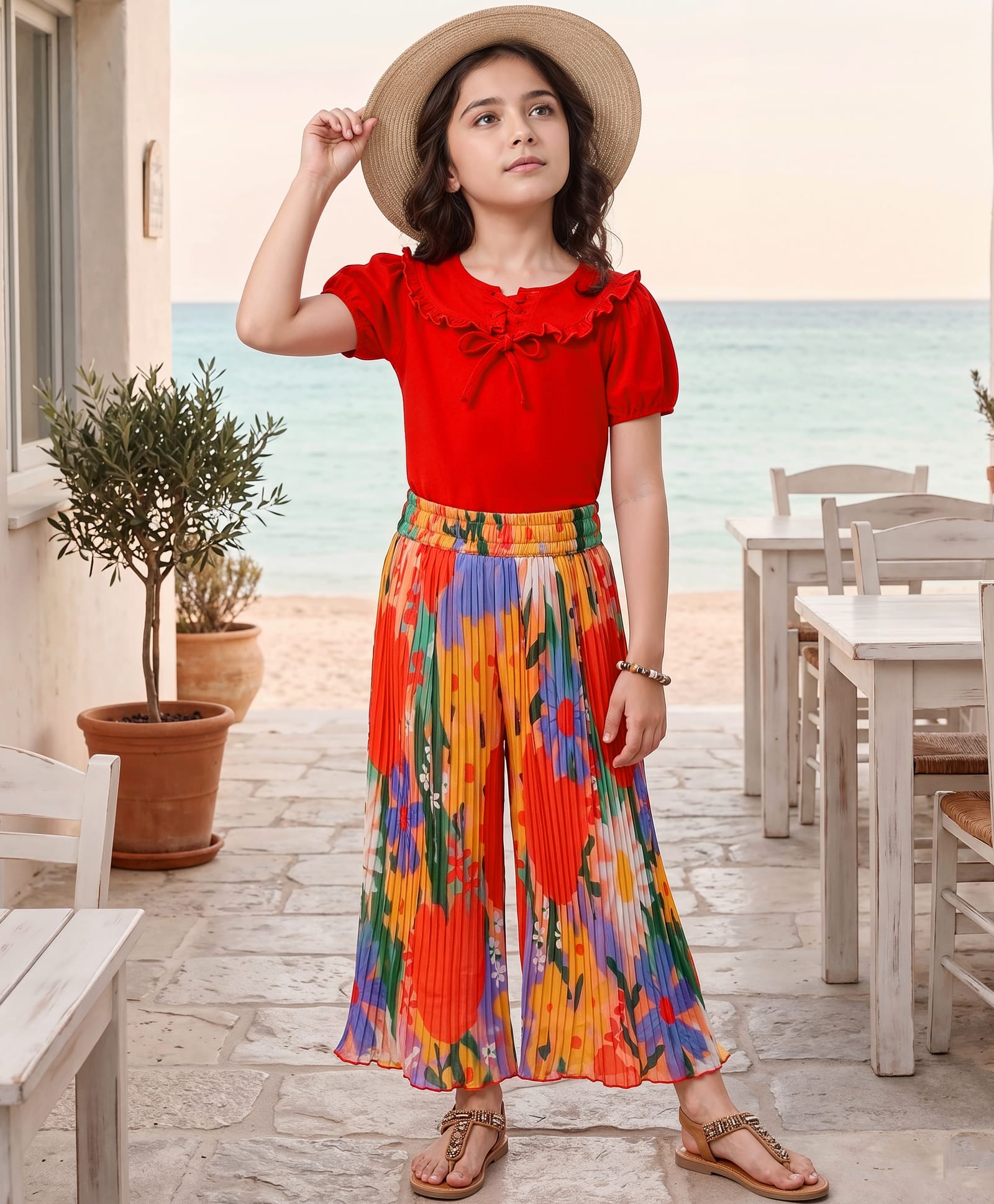 OLLINGTON ST. Sinker Knit Half Sleeves Top & Pleated Georgette Culottes Set With Floral Print - Red-picture-11