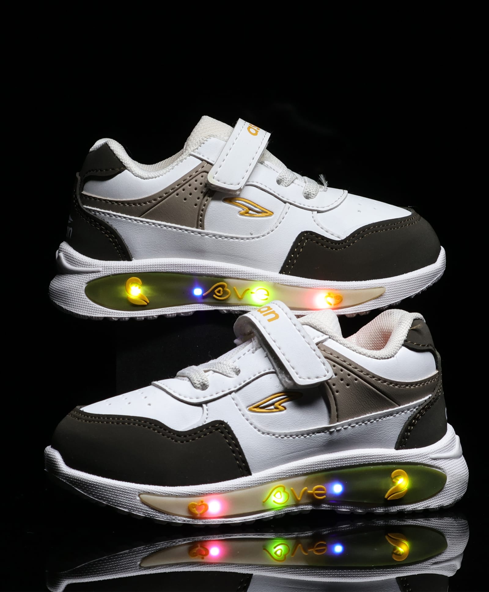 asian Colour Blocked Velcro Closure LED Shoes - White Mehendi Green & Beige-image-44