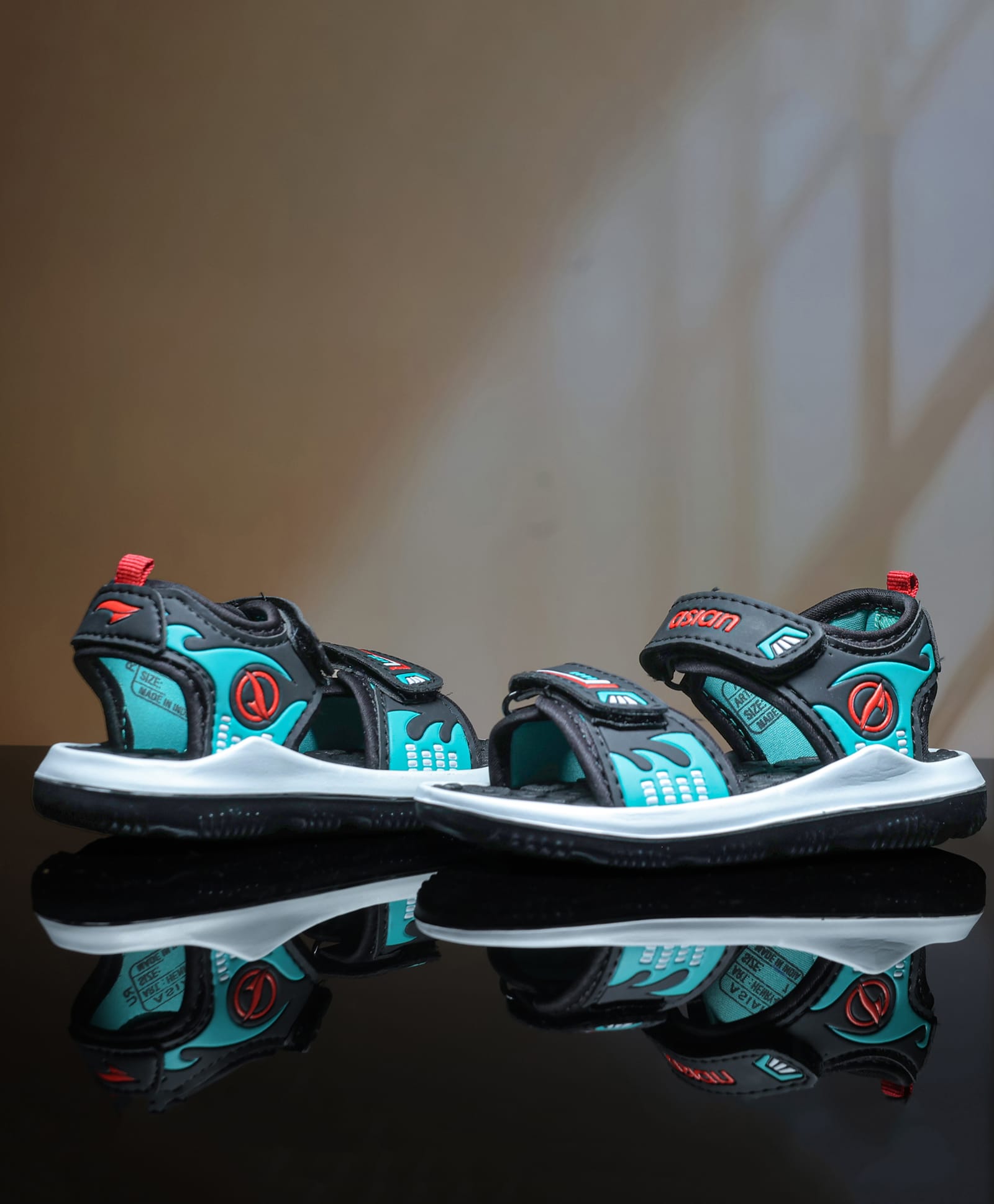 asian Colour Blocked Velcro Closure Sandals - Black & Sea Green-image-7
