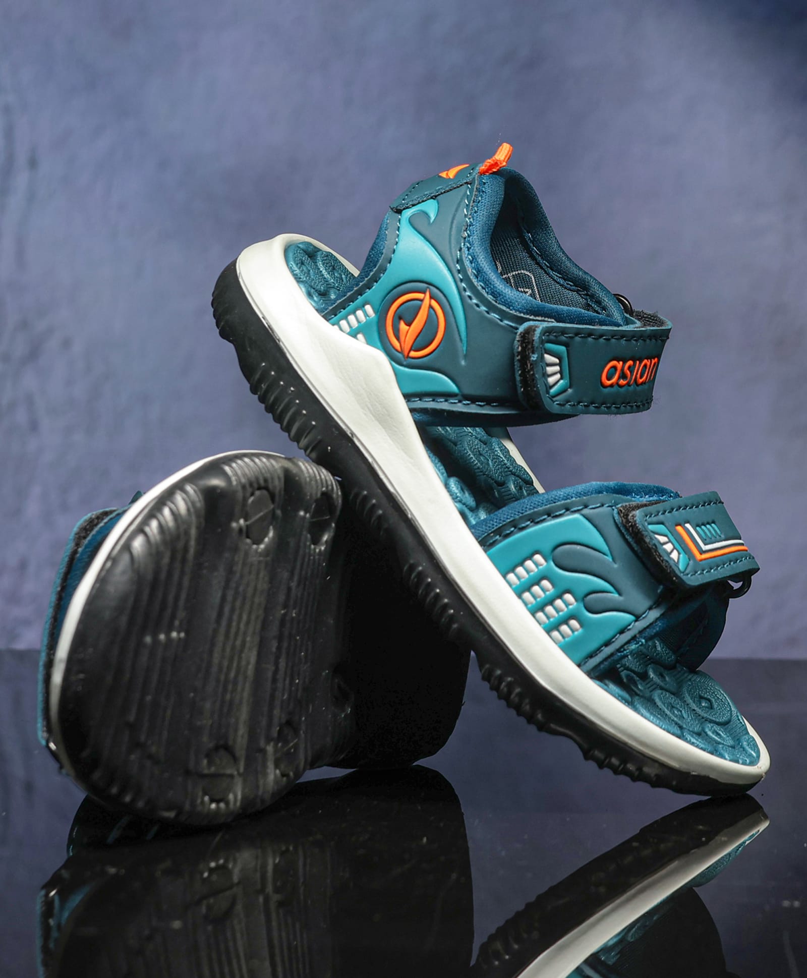 asian Colour Blocked Velcro Closure Sandals - Teal Blue & Orange-image-33