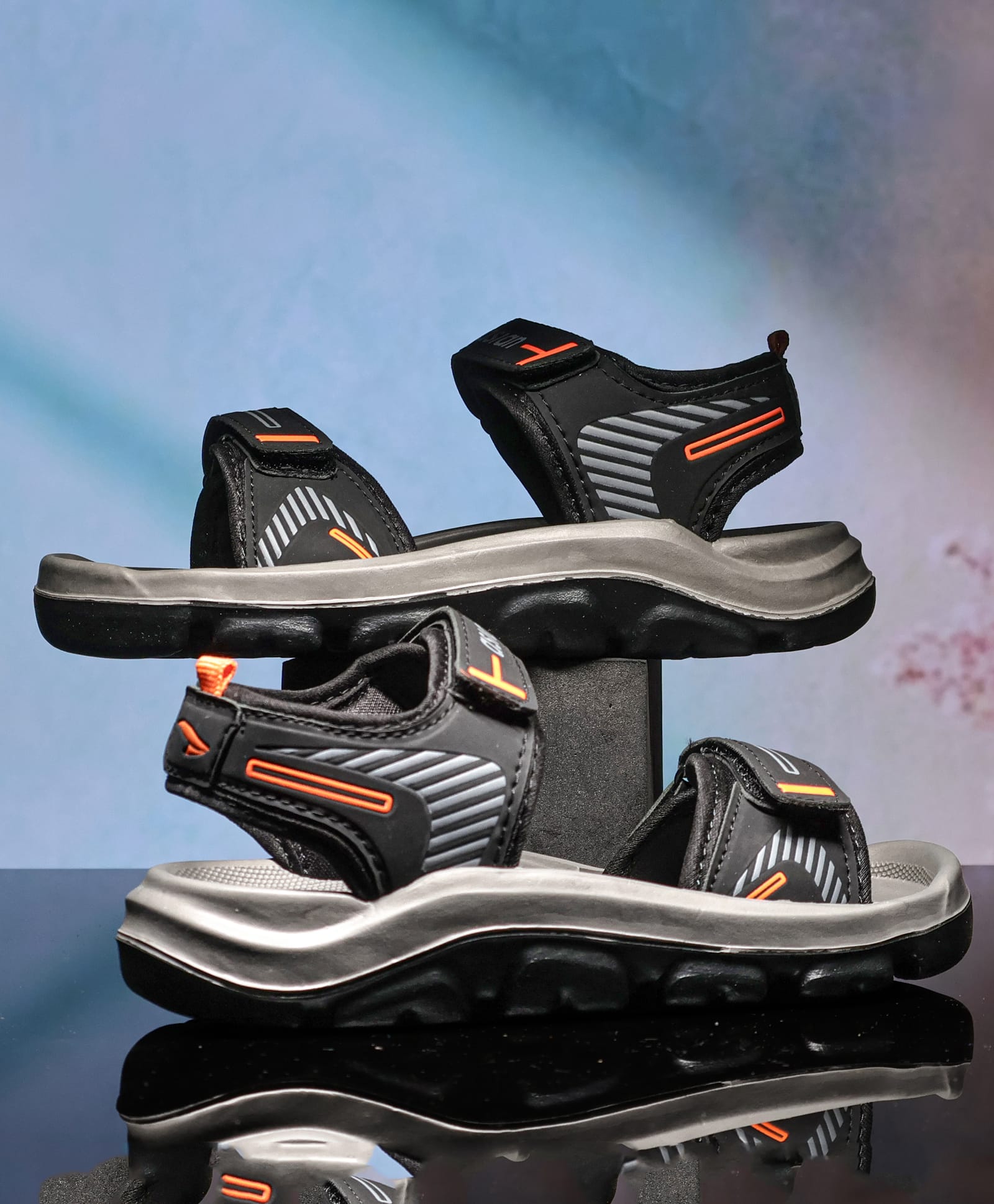 asian Abstract Designed Velcro Closure Sandals - Black & Orange-image-46